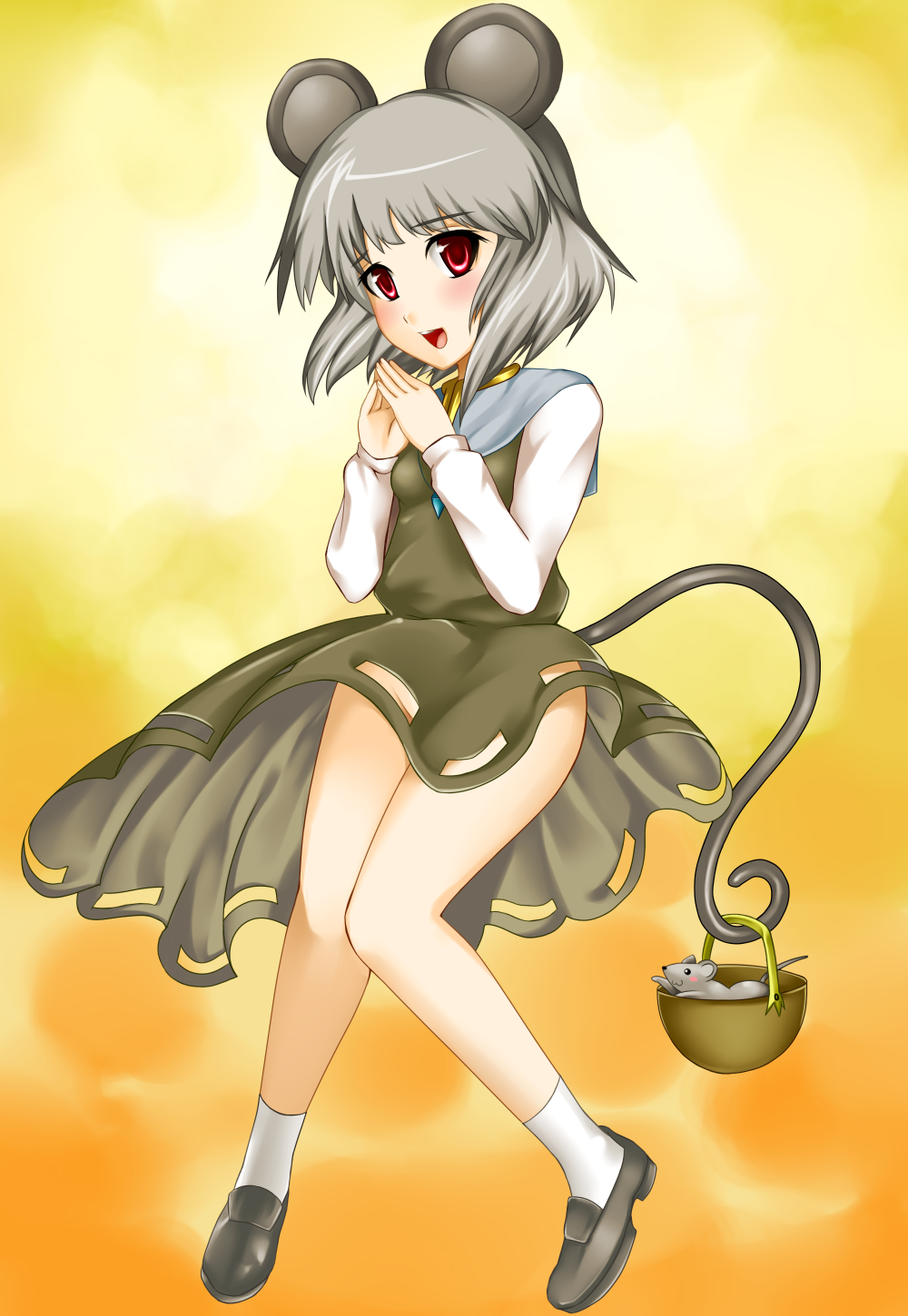 yoshimo, nazrin, touhou, bad id, bad pixiv id, highres, 1girl, animal ears, basket, blush, female focus, full body, gradient background, grey hair, legs, mouse (animal), mouse ears, mouse tail, no panties, red eyes, short hair, solo, tail