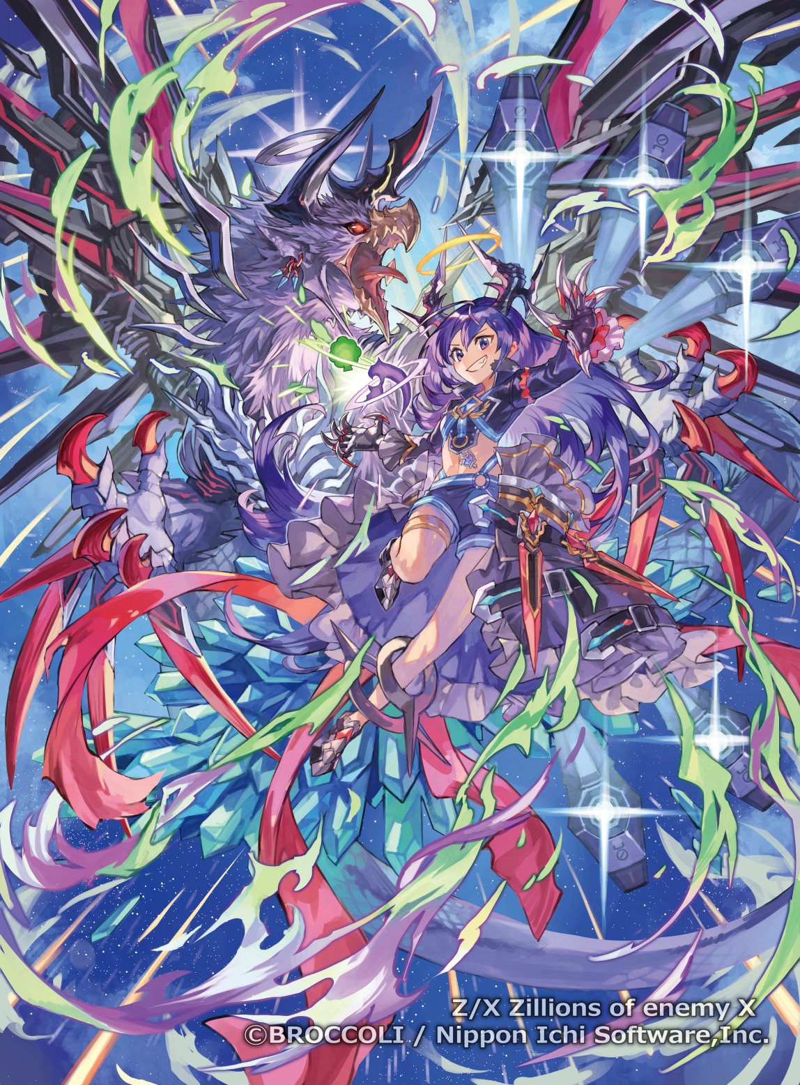 tapioka chaso, kamiyugi yachiyo, z/x, highres, official art, 1girl, ahoge, almotaher (z/x), aura, bird monster, black hands, black horns, clawed hands, clenched teeth, colored extremities, copyright notice, grey shoes, halo, horns, long hair, midriff, navel, purple eyes, purple hair, purple shirt, purple shorts, red eyes, shirt, shoes, shorts, sparkle, teeth, thigh strap, traditional halo