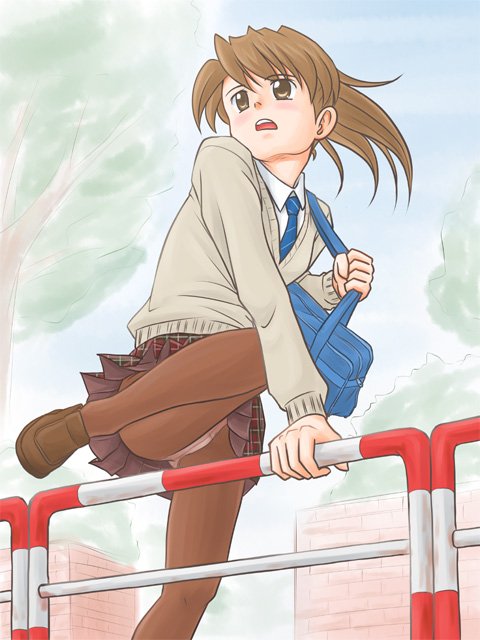 lielos, poniko (lielos), original, 1girl, blush, brown eyes, brown hair, crotch seam, female focus, leg lift, panties, panties under pantyhose, pantyhose, pantyshot, ponytail, school uniform, skirt, solo, underwear, upskirt
