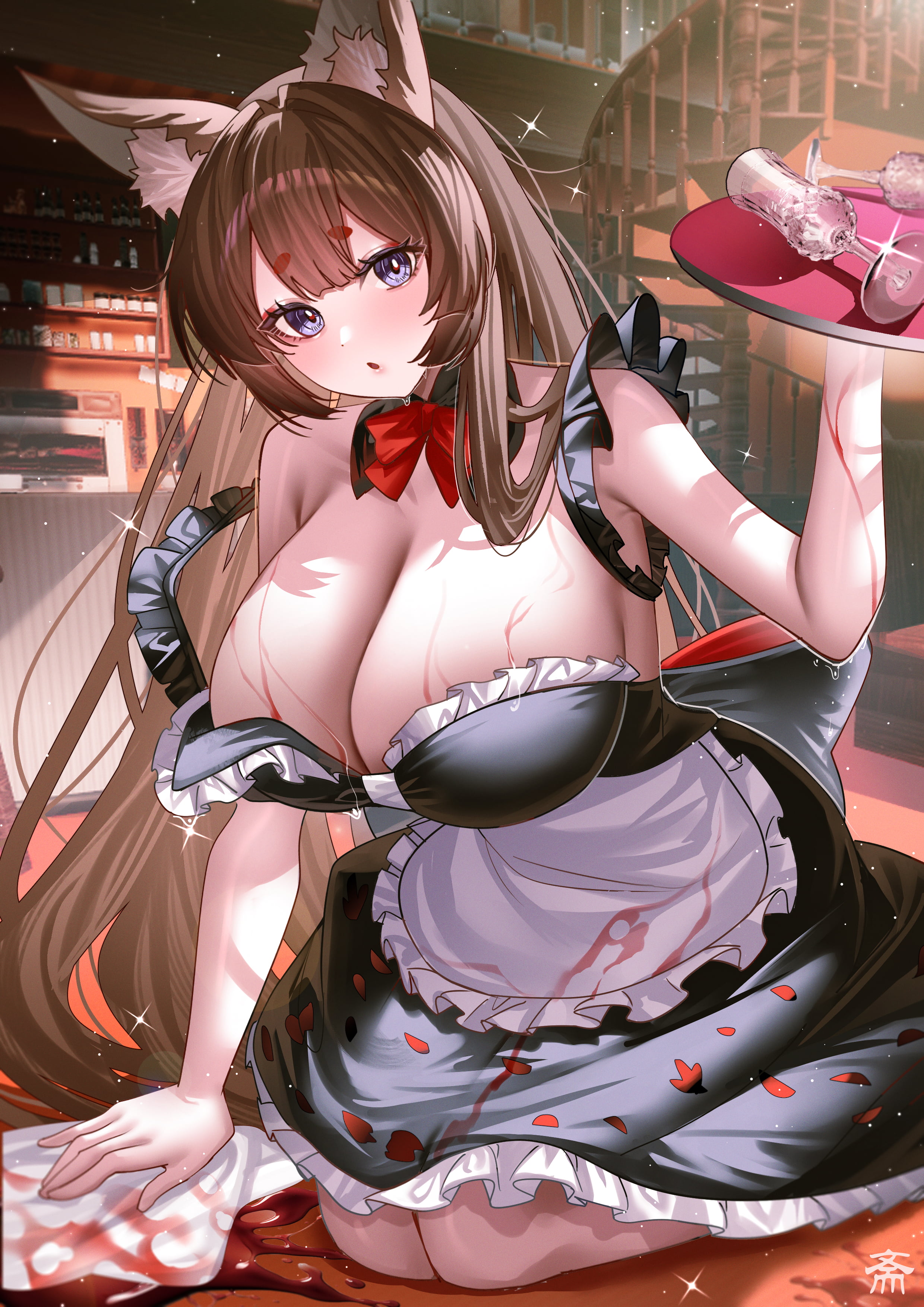 tansuan (ensj3875), amagi (azur lane), azur lane, absurdres, commentary, highres, 1girl, alcohol, alternate costume, animal ear fluff, animal ears, apron, artist logo, bar (place), bare shoulders, black dress, blush, bow, bowtie, breasts, brown hair, cleaning rag, cleavage, clumsy, cup, dress, dress slip, drinking glass, fox ears, fox girl, frilled apron, frilled dress, frills, glint, hand up, head tilt, holding, holding rag, holding tray, indoors, kneeling, large breasts, light particles, logo, long hair, looking at viewer, maid, maid apron, open mouth, purple eyes, red bow, red bowtie, red wine, sidelocks, sleeveless, sleeveless dress, solo, sparkle, spill, spiral staircase, stairs, tray, very long hair, waitress, wet, white apron, wine