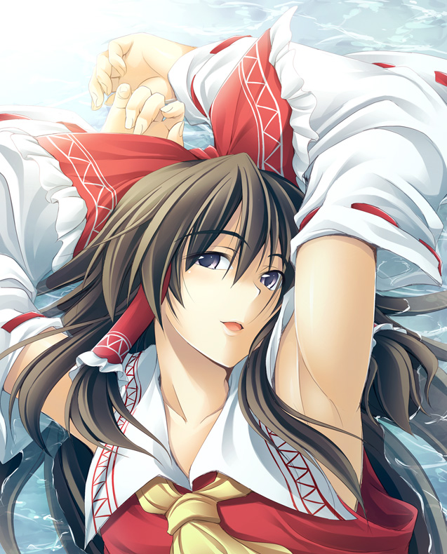 fuyuwa kotatsu, hakurei reimu, touhou, 1girl, armpits, brown hair, detached sleeves, female focus, gradient background, hair ribbon, japanese clothes, lying, miko, ribbon, solo, upper body, water, white background