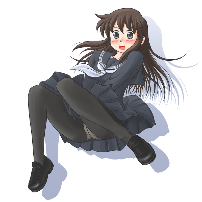 lielos, sera haruna, original, 1girl, blue eyes, blush, brown hair, crotch seam, female focus, long hair, panties, panties under pantyhose, pantyhose, pantyshot, school uniform, serafuku, shoes, skirt, solo, underwear, upskirt