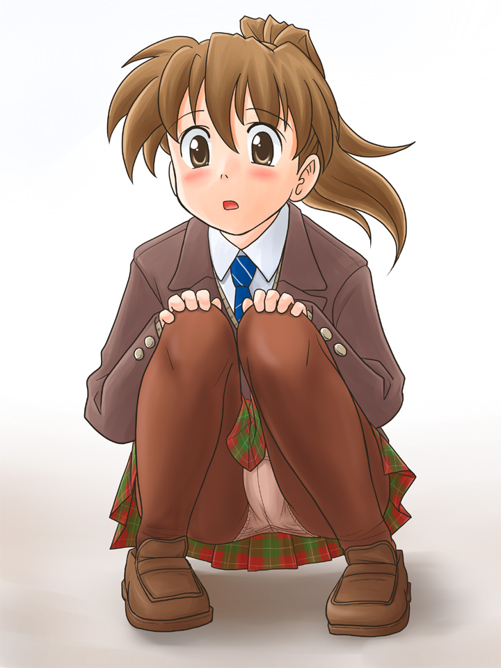 lielos, poniko (lielos), original, 1girl, :o, blue necktie, blush, brown eyes, brown hair, crotch seam, female focus, green skirt, hands on own knees, loafers, multicolored skirt, necktie, open mouth, panties, panties under pantyhose, pantyhose, pantyshot, plaid clothes, plaid skirt, pleated skirt, ponytail, red skirt, school uniform, shoes, sitting, skirt, solo, squatting, underwear, upskirt, white panties