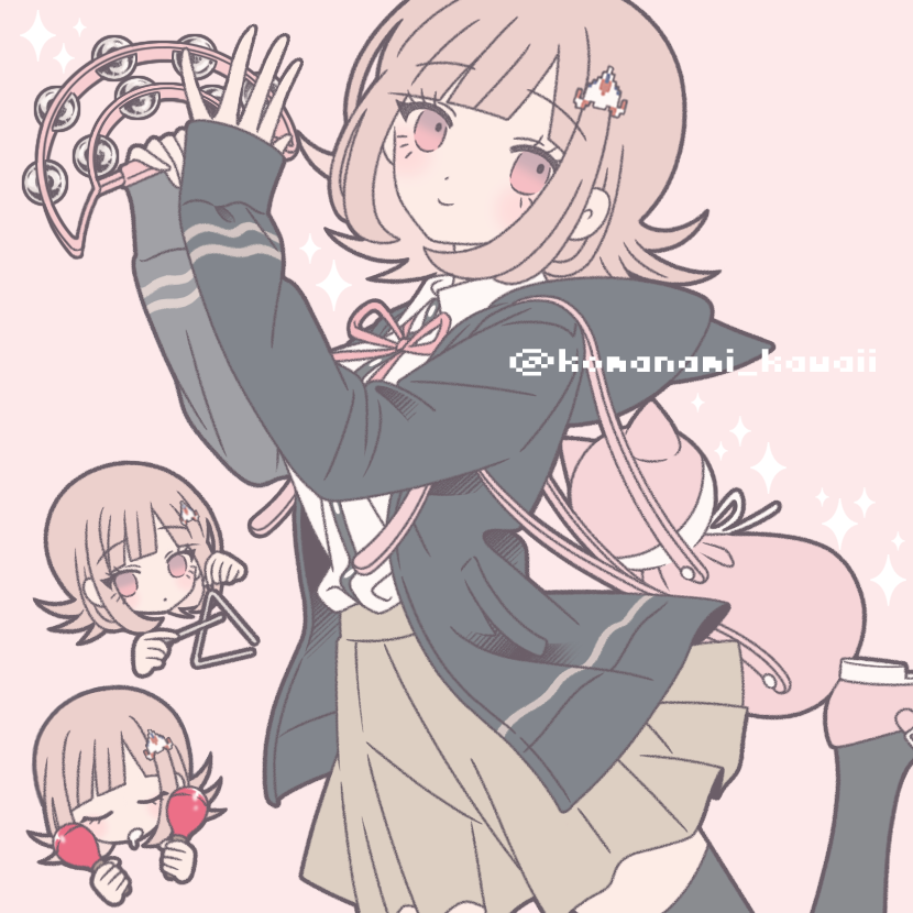 komanami kawaii, nanami chiaki, danganronpa (series), danganronpa 2: goodbye despair, 1girl, animal bag, breasts, brown hair, cat bag, collared shirt, flipped hair, hair ornament, holding, holding instrument, holding maracas, holding tambourine, instrument, jacket, long sleeves, looking at viewer, maracas, medium hair, neck ribbon, open clothes, open jacket, pink bag, pink eyes, pink ribbon, ribbon, shirt, skirt, smile, tambourine, thighhighs, triangle (instrument), two-tone shirt, white shirt