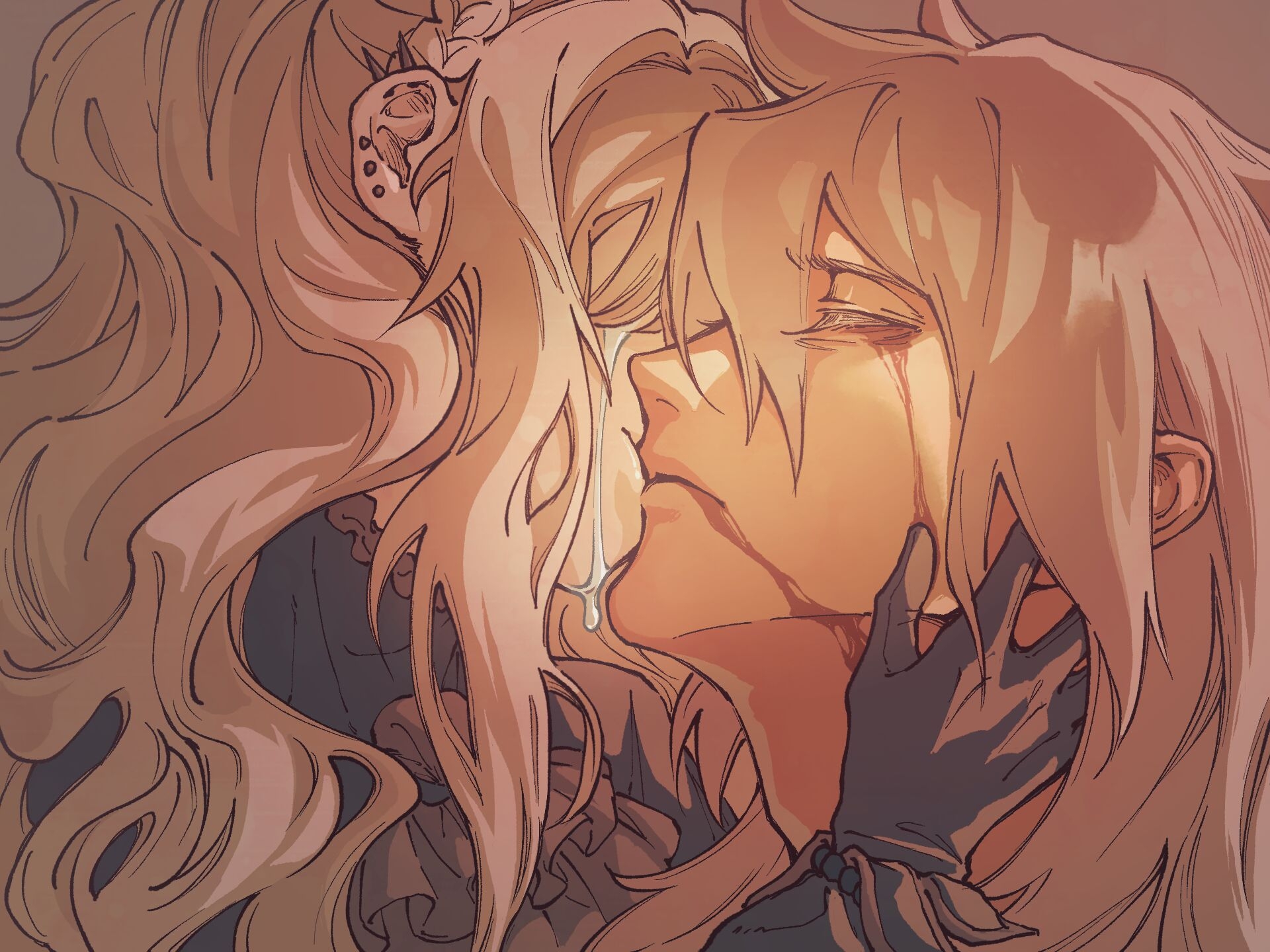 shunreiseiya, kriemhild (fate), siegfried (fate), fate/grand order, fate (series), highres, 1boy, 1girl, bleeding, blonde hair, blood, blood from mouth, blood on face, bloody tears, closed eyes, couple, crying, earrings, gloves, hetero, husband and wife, jewelry, kiss, long hair, multiple earrings, multiple piercings