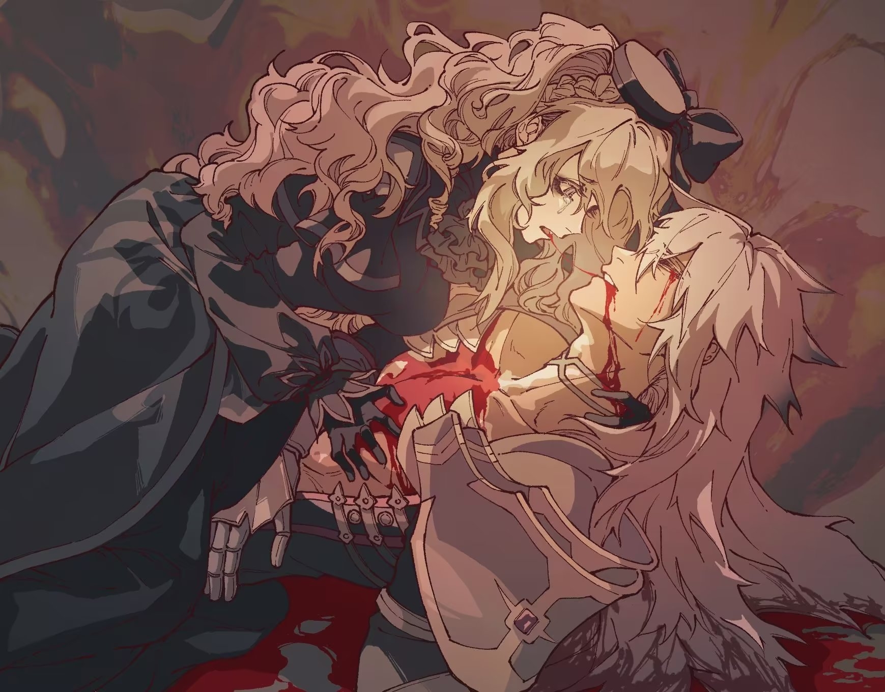 shunreiseiya, kriemhild (fate), siegfried (fate), fate/grand order, fate (series), highres, 1boy, 1girl, after kiss, armor, black dress, bleeding, blood, blood from mouth, blood on face, blood trail, bloody tears, braid, choker, crying, dress, gloves, grey eyes, grey hair, hat, husband and wife, injury, long hair, lying, pauldrons, shirt, shoulder armor, wavy hair