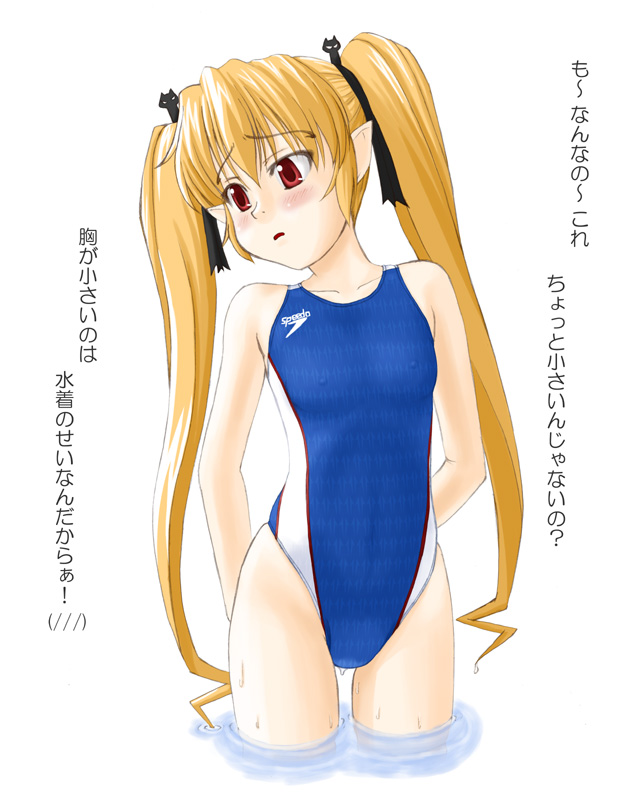 tk4, pachira, renkin san-kyuu magical pokaan, translation request, blonde hair, blush, competition swimsuit, long hair, one-piece swimsuit, pointy ears, red eyes, solo, swimsuit, twintails, wading, water, wet