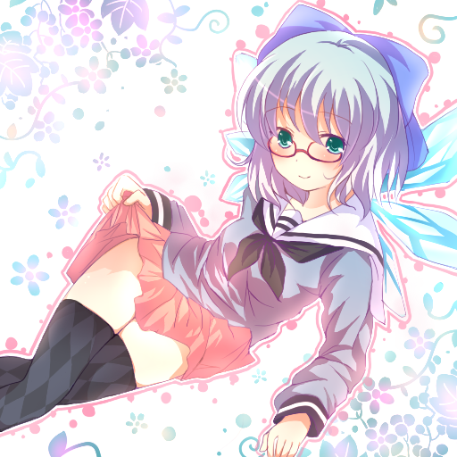 yatomi, cirno, touhou, bad id, bad pixiv id, 1girl, alternate costume, argyle clothes, argyle socks, bespectacled, black thighhighs, blue hair, female focus, glasses, green eyes, hair ribbon, ice, ice wings, pleated skirt, ribbon, school uniform, short hair, skirt, skirt hold, smile, socks, solo, thighhighs, wings, zettai ryouiki