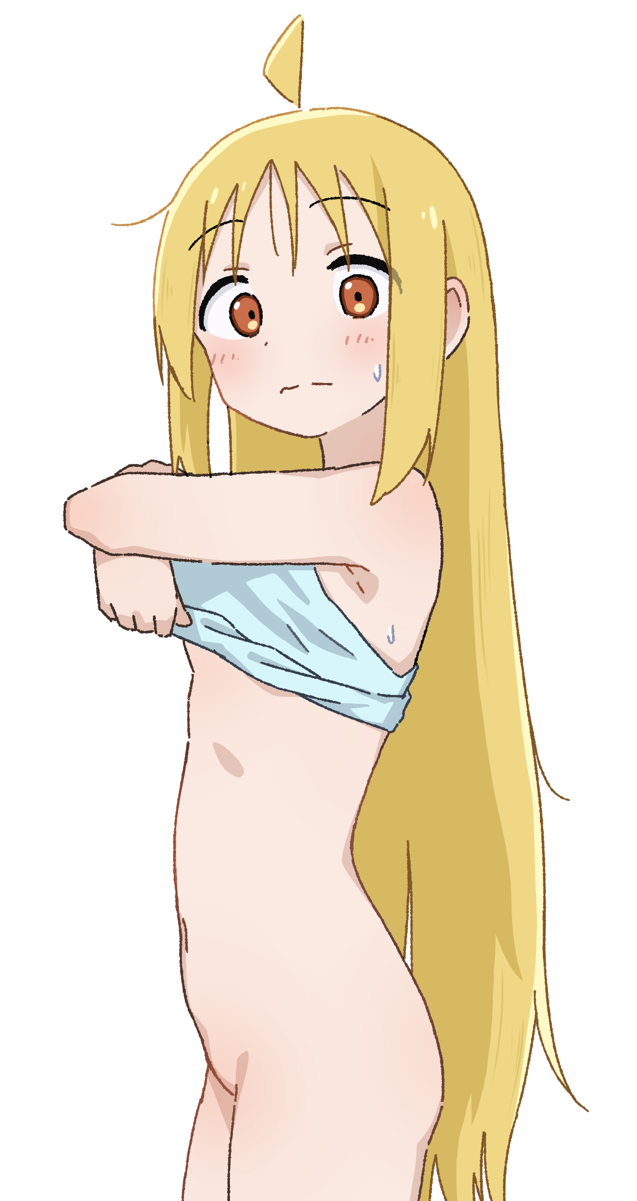 sugidoritos, ijichi nijika, bocchi the rock!, absurdres, commentary, highres, 1girl, ahoge, alternate hairstyle, blush, bottomless, breasts, long hair, looking at viewer, navel, orange eyes, petite, simple background, small breasts, solo, stomach, straight hair, sweatdrop, undressing, very long hair, white background