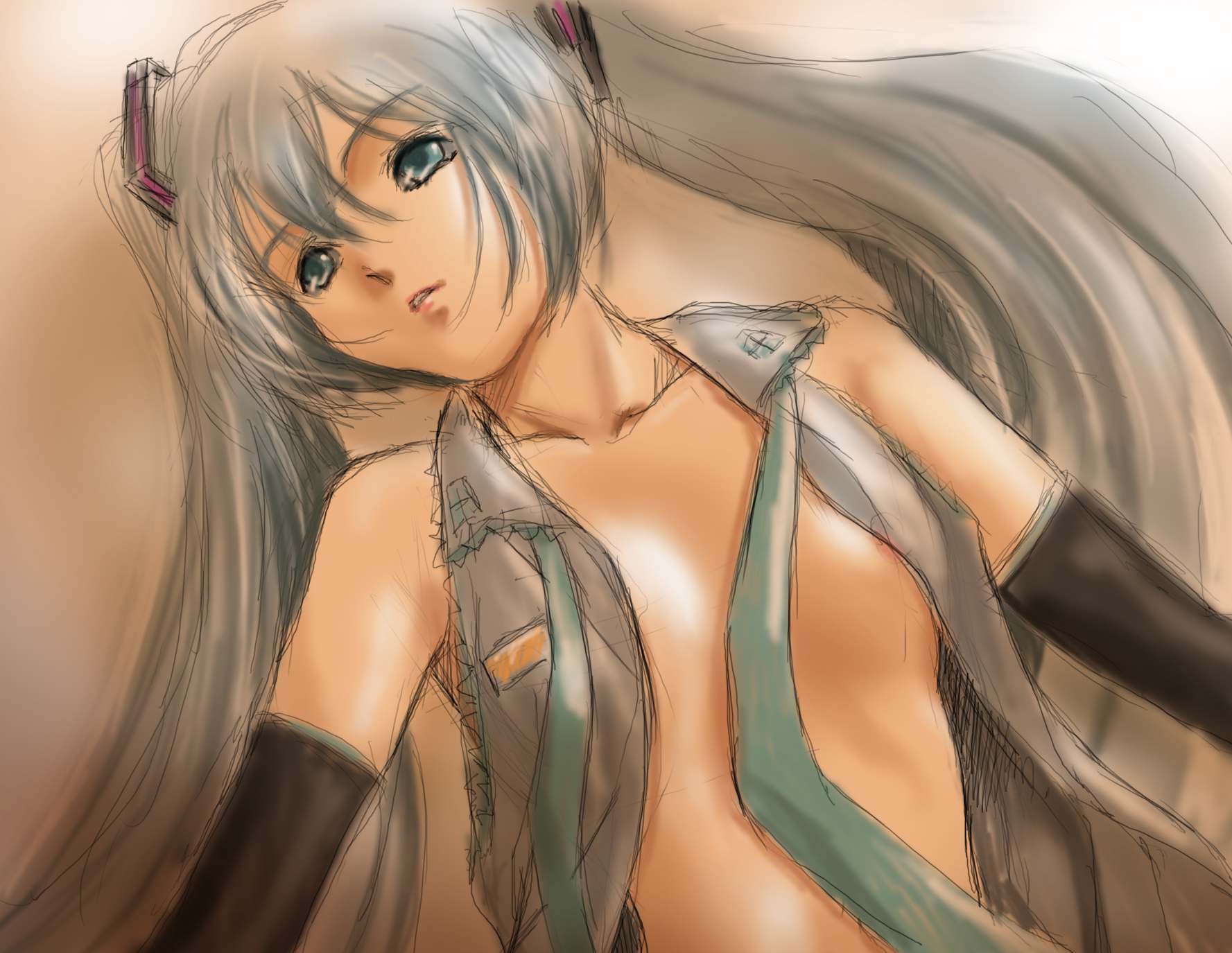 mode (artist), hatsune miku, vocaloid, bad id, bad pixiv id, highres, aqua eyes, aqua hair, detached sleeves, flat chest, long hair, necktie, open clothes, open shirt, shirt, sketch, solo, twintails, very long hair