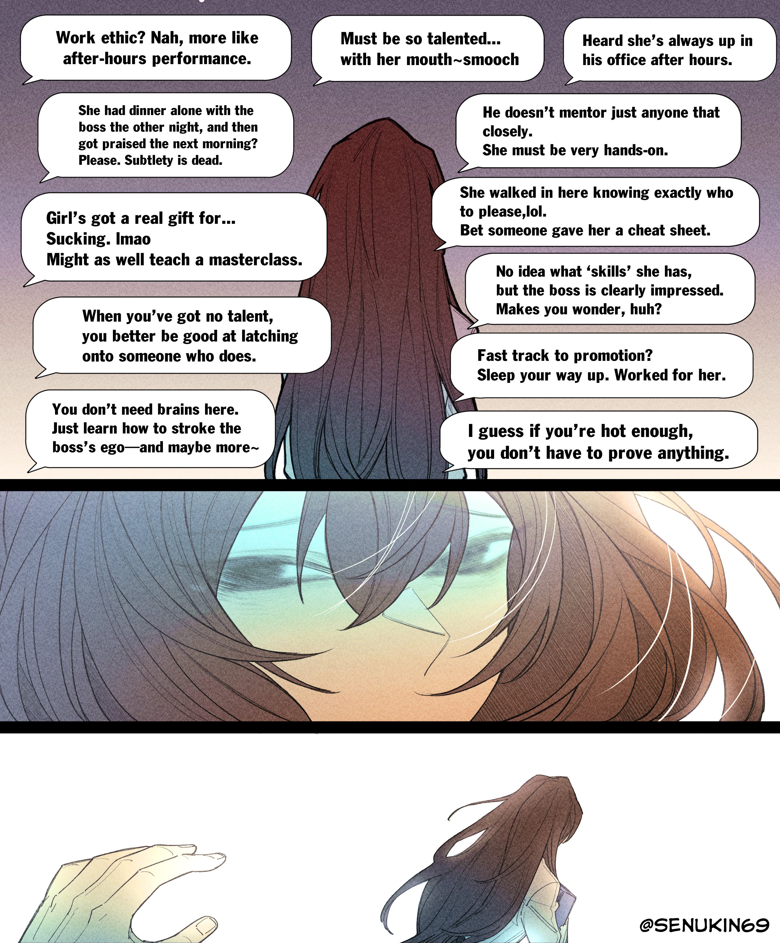 senukin, original, absurdres, commentary, english commentary, highres, 1girl, artist name, black eyes, brown hair, chat log, double-parted bangs, english text, gossip, hair between eyes, long hair, looking at viewer, office lady (senukin), reaching, reaching towards another, sad, twitter username