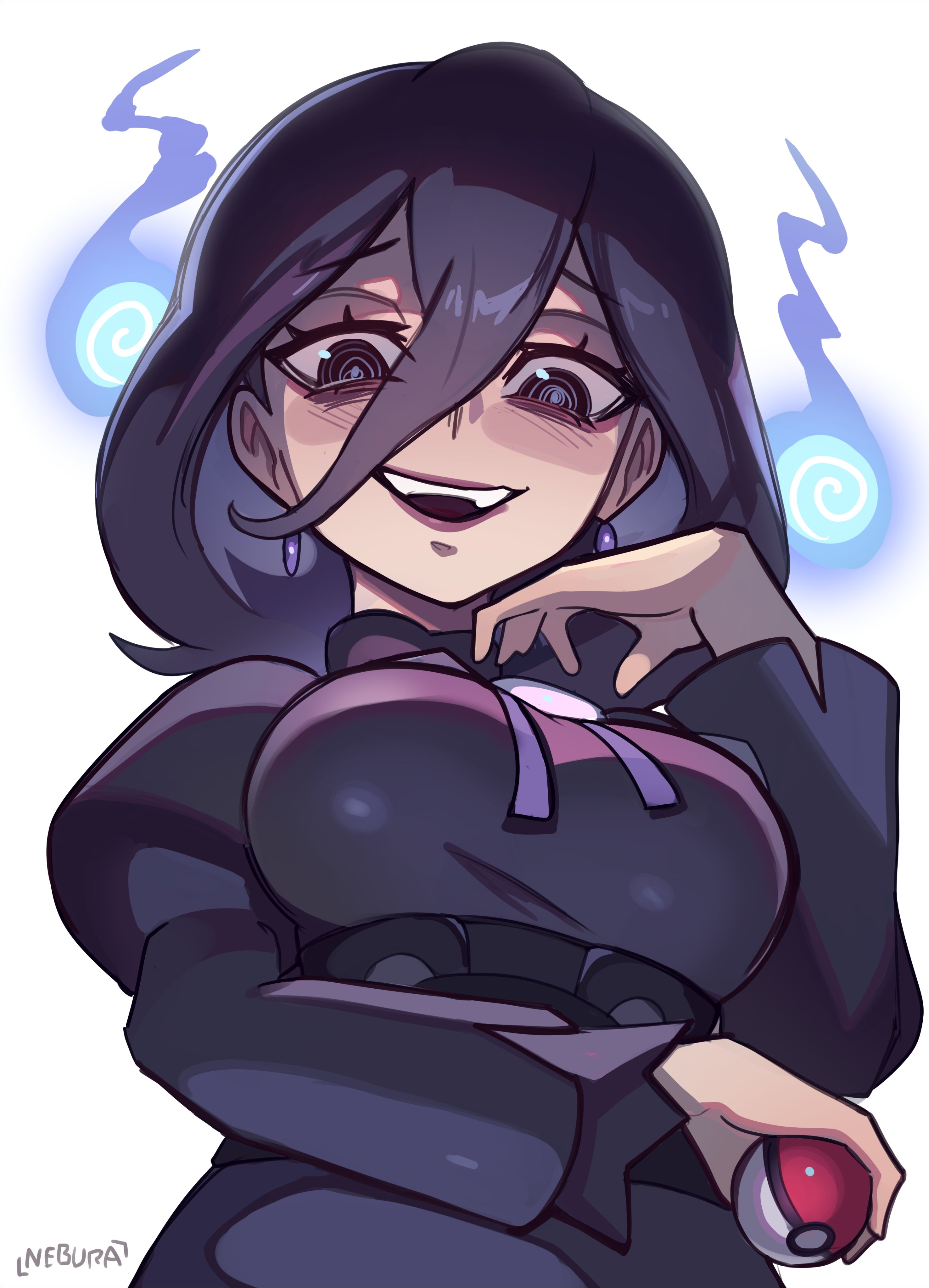 nebura (neburaart), hex maniac (pokemon), hex maniac (pokemon legends: z-a), nintendo, pokemon, pokemon legends: z-a, absurdres, highres, 1girl, alternate breast size (larger), artist name, bags under eyes, blue fire, breasts, dress, earrings, fire, ghost, jewelry, juliet sleeves, large breasts, long hair, long sleeves, looking at viewer, looking down, neck ribbon, open mouth, poke ball, poke ball (basic), puffy sleeves, purple dress, purple eyes, purple hair, purple ribbon, ribbon, sphere earrings, teeth, upper teeth only