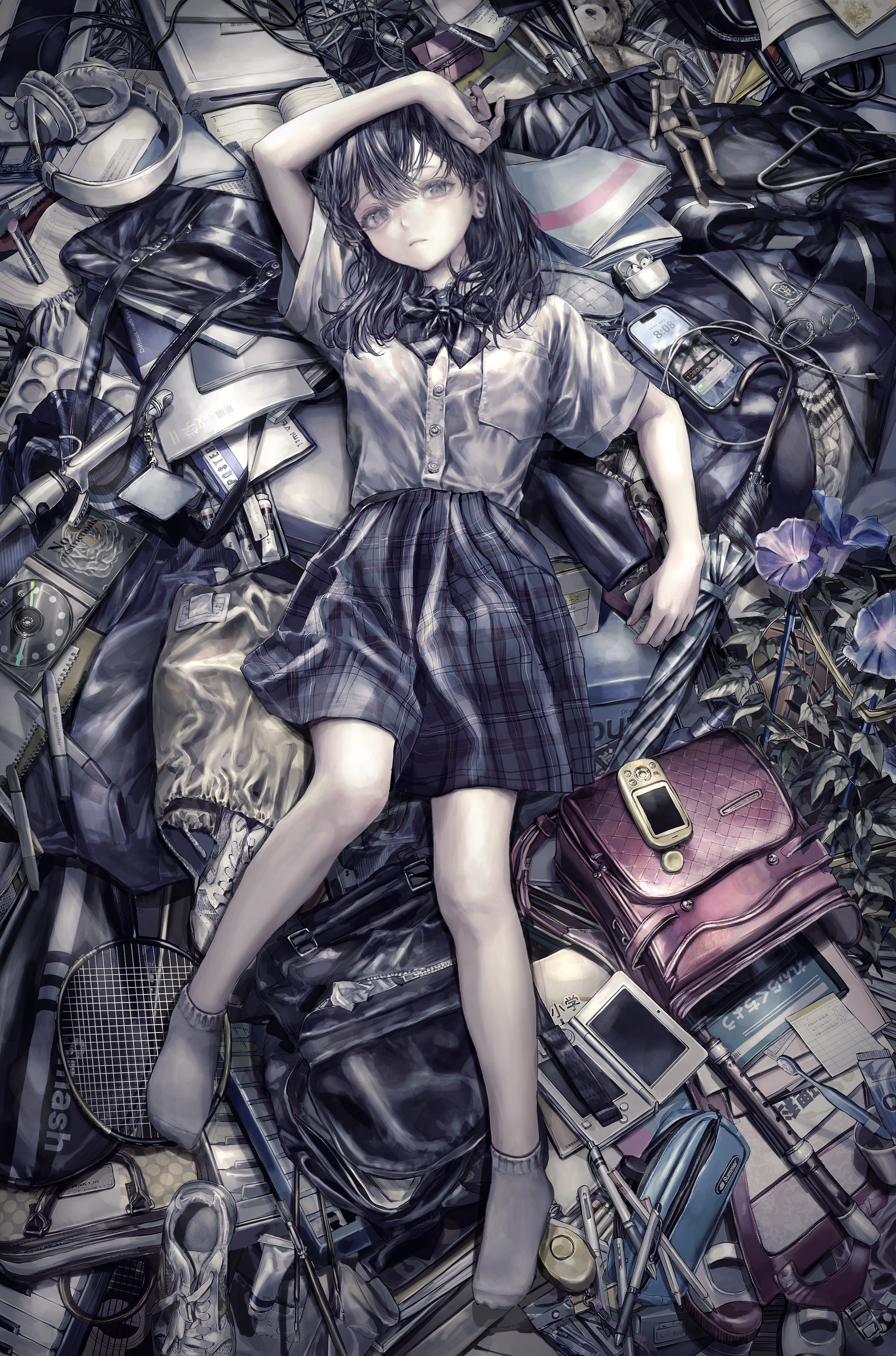 shirafu (shirafu42), original, absurdres, highres, 1girl, arm up, backpack, bag, black hair, blue skirt, bow, bowtie, breast pocket, buttons, cable, cd, cellphone, closed mouth, clothes hanger, cup, earbuds, earphones, flower, flute, full body, game console, grey socks, handbag, handheld game console, headphones, instrument, lying, makeup palette, nintendo 3ds, pen, phone, plaid bow, plaid bowtie, plaid clothes, plaid skirt, pocket, racket, randoseru, recorder, shirt, shirt tucked in, shoes, skirt, smartphone, sneakers, socks, solo, stuffed animal, stuffed toy, teddy bear, tennis racket, toothbrush, unworn shirt, unworn shoes, wii u, wii u gamepad