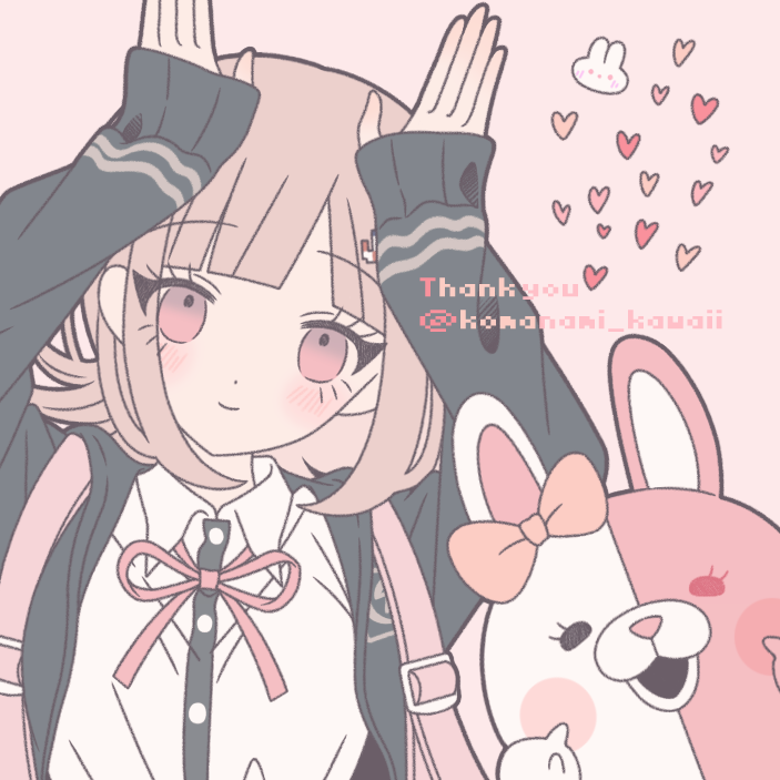 komanami kawaii, monomi (danganronpa), nanami chiaki, danganronpa (series), danganronpa 2: goodbye despair, 1girl, artist name, blush, bow, brown hair, closed mouth, ear bow, hair ornament, hands up, heart, heterochromia, jacket, long sleeves, neck ribbon, open clothes, open jacket, pink bow, pink eyes, ribbon, smile, thank you
