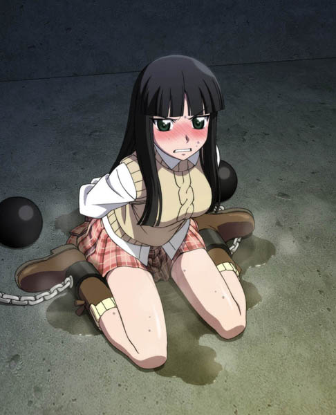 onnanoko suwari, shikuchin, shinozuka arashi, gad guard, angry, ball and chain restraint, bdsm, blush, bondage, bound, chain, chained, long hair, peeing, peeing self, skirt