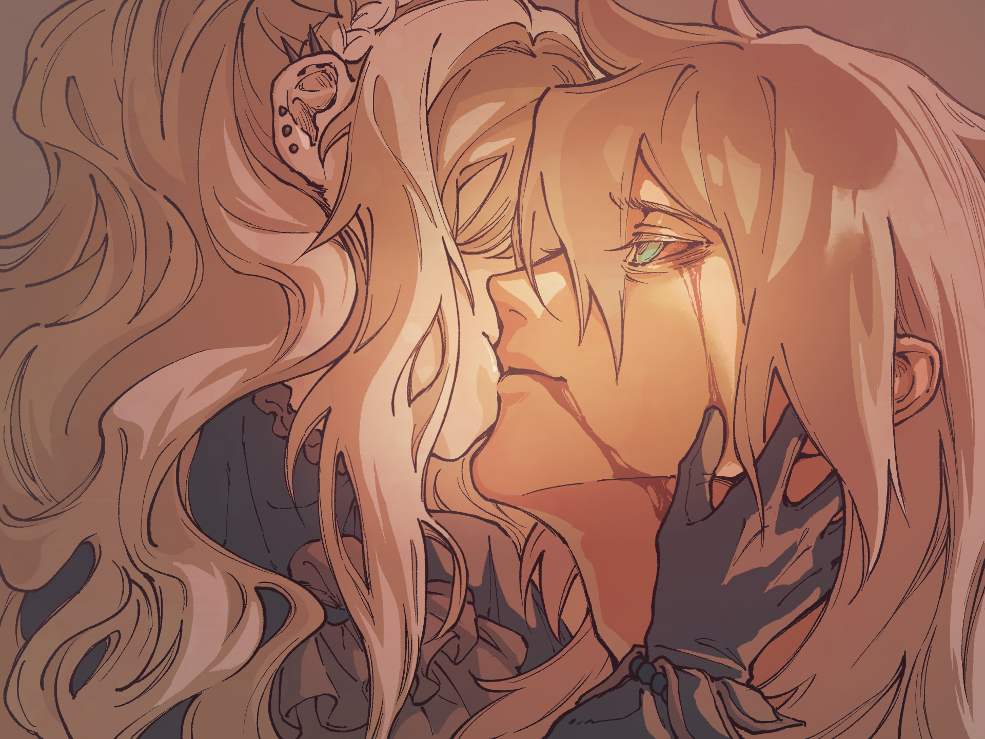 shunreiseiya, kriemhild (fate), siegfried (fate), fate/grand order, fate (series), highres, 1boy, 1girl, bleeding, blonde hair, blood, blood from mouth, blood on face, bloody tears, couple, earrings, gloves, green eyes, hetero, husband and wife, jewelry, kiss, long hair, multiple earrings, multiple piercings, smile