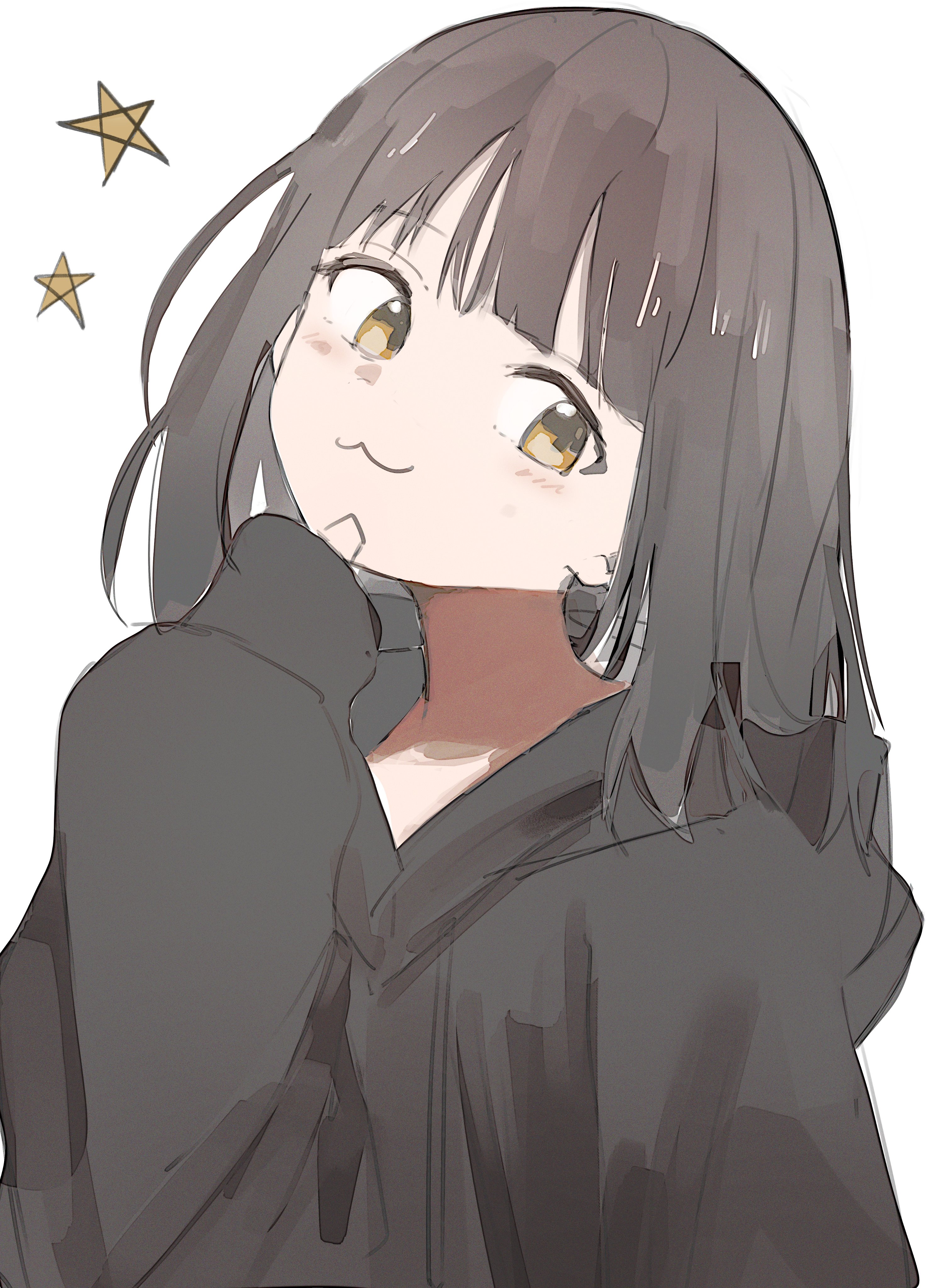 nanase kurumi (menhera-chan), original, absurdres, highres, 1girl, :3, black hair, black hoodie, blunt bangs, brown eyes, closed mouth, hand on own chin, hand up, head tilt, hood, hood down, hoodie, long sleeves, looking at viewer, medium hair, simple background, skashi, sleeves past wrists, smile, solo, star (symbol), upper body, white background, yellow eyes