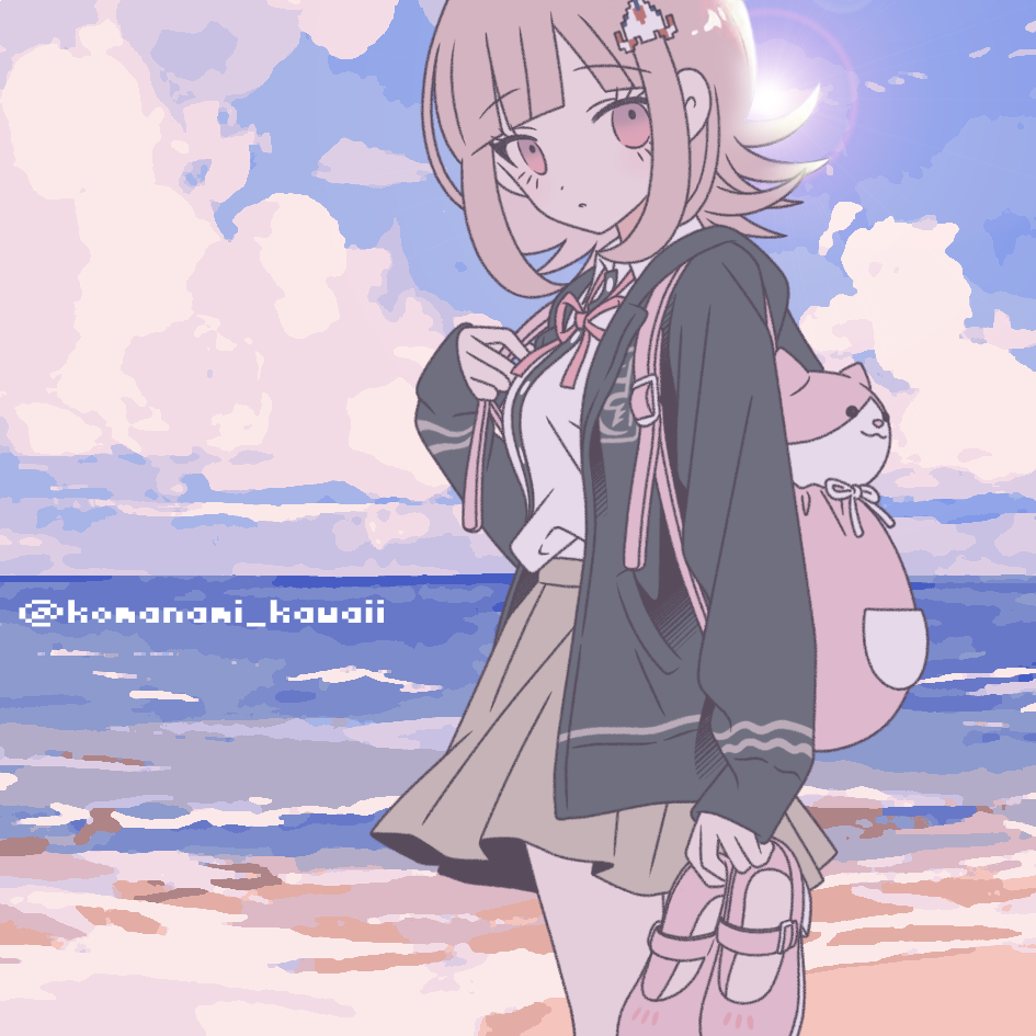 komanami kawaii, nanami chiaki, danganronpa (series), danganronpa 2: goodbye despair, 1girl, animal bag, beach, black shirt, blue sky, brown hair, brown skirt, cat bag, cloud, day, flipped hair, hood, hood down, hooded jacket, jacket, long sleeves, medium hair, miniskirt, neck ribbon, ocean, open clothes, open jacket, outdoors, pink bag, pink eyes, pink ribbon, pink shoes, pleated skirt, ribbon, shirt, shoes, skirt, sky, solo, two-tone shirt, white shirt