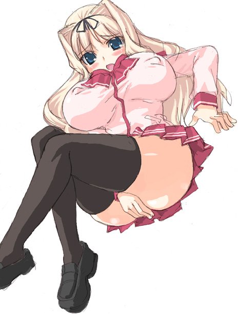 hirose (mokiki), character request, source request, tagme, blonde hair, blush, breasts, huge breasts, school uniform, thighhighs