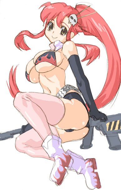 hirose (mokiki), yoko littner, tengen toppa gurren lagann, sniper, 00s, bikini, bikini top only, breasts, brown eyes, gun, long hair, marksman, ponytail, red hair, swimsuit, thighhighs, underboob, weapon
