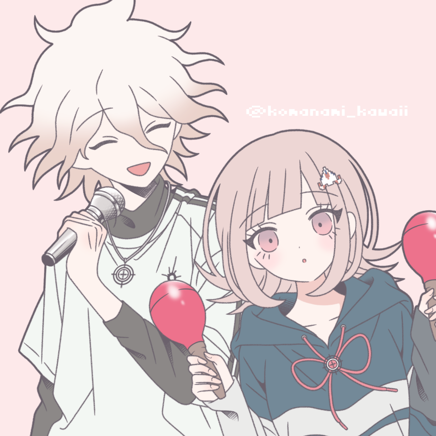 komanami kawaii, komaeda nagito, nanami chiaki, danganronpa (series), danganronpa 2: goodbye despair, 1boy, 1girl, :d, :o, alternate costume, artist name, brown hair, flipped hair, grey background, hair ornament, holding, holding microphone, medium hair, microphone, multicolored hair, neck ribbon, open mouth, pink eyes, pink ribbon, ribbon, simple background, smile, two-tone hair, white hair