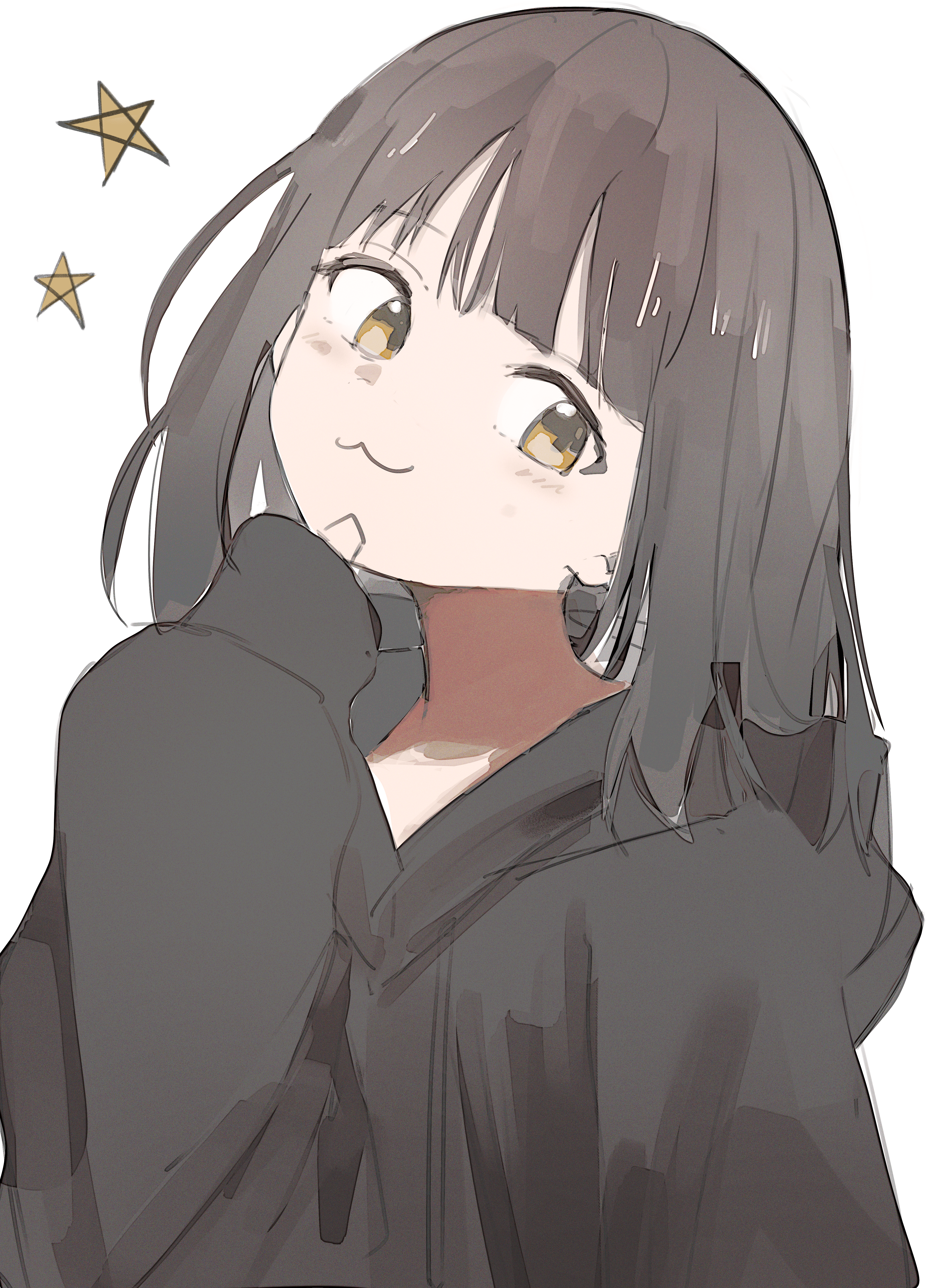 nanase kurumi (menhera-chan), original, absurdres, highres, 1girl, :3, black hair, black hoodie, blunt bangs, brown eyes, closed mouth, hand on own chin, hand up, head tilt, hood, hood down, hoodie, long sleeves, looking at viewer, medium hair, simple background, skashi, sleeves past wrists, smile, solo, star (symbol), upper body, white background, yellow eyes
