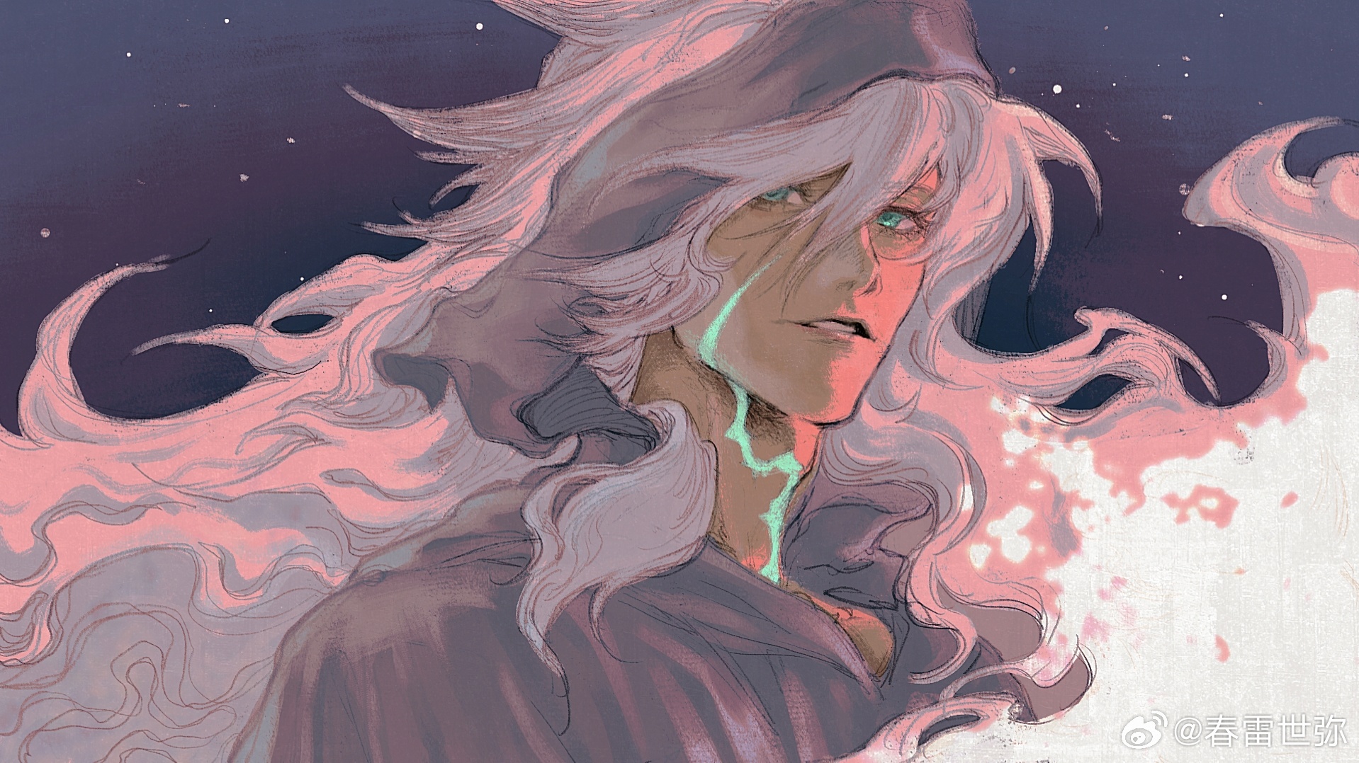 dol amlep, shunreiseiya, siegfried (fate), fate/grand order, fate (series), highres, 1boy, dark-skinned male, dark skin, glowing scar, green eyes, grey hair, hair between eyes, long hair, looking at viewer, male focus, night, night sky, open mouth, outdoors, shirt, sky, solo, star (sky), upper body, watermark, weibo watermark