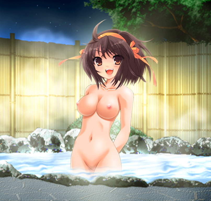 suzumiya haruhi, suzumiya haruhi no yuuutsu, tagme, 00s, 1girl, bath, breasts, censored, nipples, no pussy, nude, onsen, water