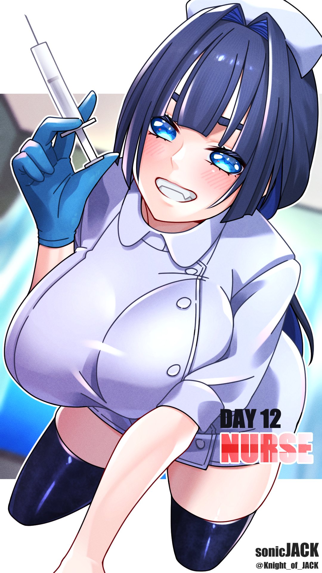 knight of jack, ouro kronii, hololive, hololive english, highres, 1girl, blue eyes, blue hair, blush, dress, gloves, hat, holding, holding syringe, long hair, multicolored hair, nurse, nurse cap, smile, solo, syringe, thighhighs, virtual youtuber