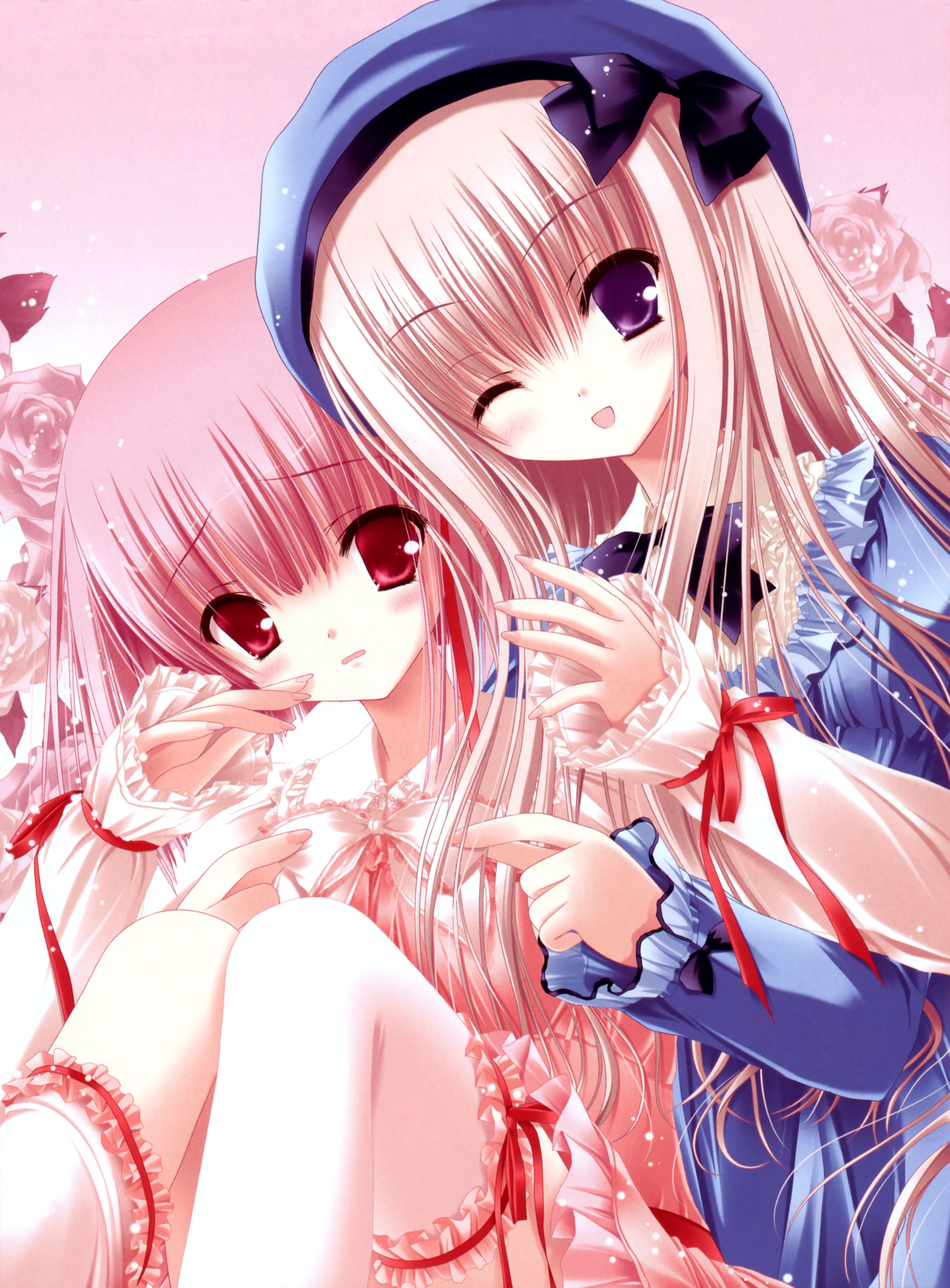 tinker bell (pixiv 10956015), hiiragi miu (tsukiyo no fromage), meari, tsukiyo no fromage, frilled legwear, white legwear, absurdres, highres, 2girls, ;d, beret, blonde hair, blush, frilled sleeves, frills, hat, light particles, long hair, looking at viewer, multiple girls, one eye closed, open mouth, pink hair, purple eyes, red eyes, ribbon, smile, thighhighs