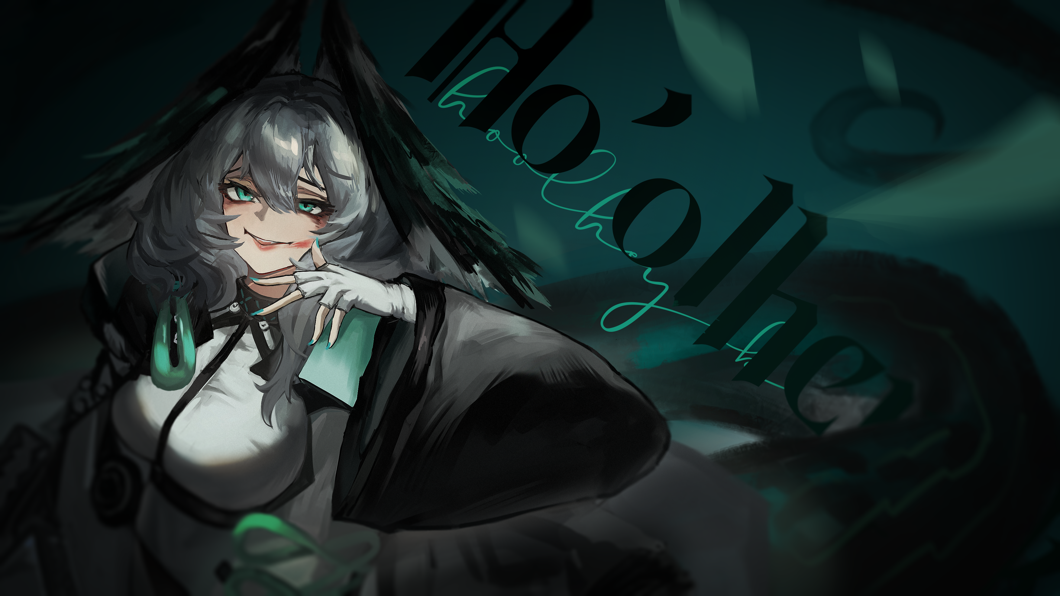 seigen, ho'olheyak (arknights), infection monitor (arknights), arknights, absurdres, highres, 1girl, aqua eyes, between breasts, black coat, blood, blood on face, breasts, coat, dress, feathered wings, fingerless gloves, gloves, grey hair, hair between eyes, hand up, head wings, long sleeves, long tail, looking at viewer, medium hair, open clothes, open coat, parted lips, smile, solo, strap between breasts, tail, teeth, upper teeth only, white dress, wings