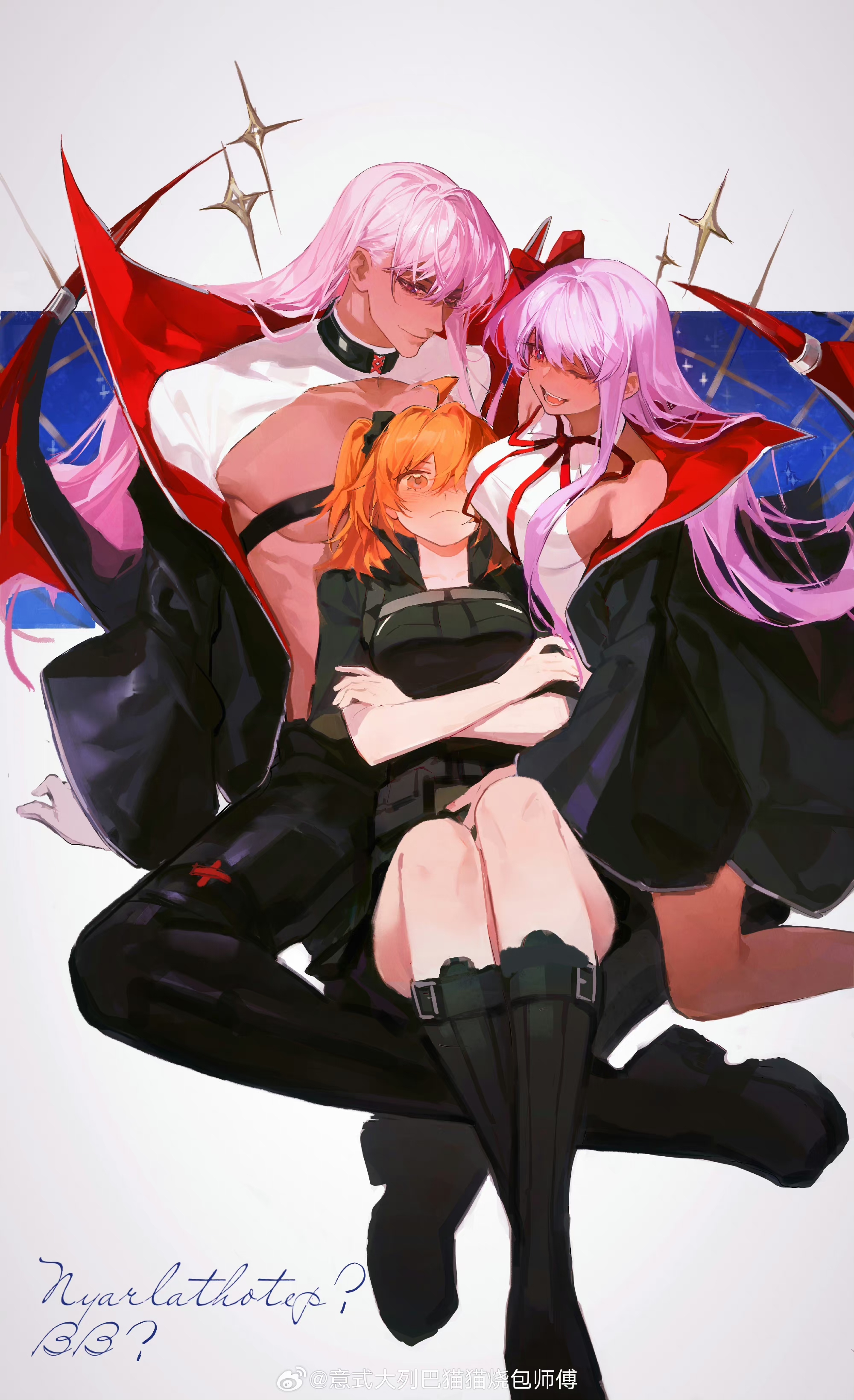 de678997, bb (fate), bb (swimsuit mooncancer) (third ascension) (fate), fujimaru ritsuka (female), fate/grand order, fate (series), absurdres, highres, 1boy, 2girls, ahoge, black coat, blush, boots, bow, boy and girl sandwich, breasts, coat, crossed arms, full body, genderswap, genderswap (ftm), hair between eyes, hair bow, hair ribbon, kneeling, large breasts, long hair, multiple girls, one eye closed, one side up, open mouth, orange hair, pants, purple hair, red eyes, red ribbon, ribbon, sandwiched, shirt, sitting, sitting between lap, smile, very long hair, watermark, weibo watermark