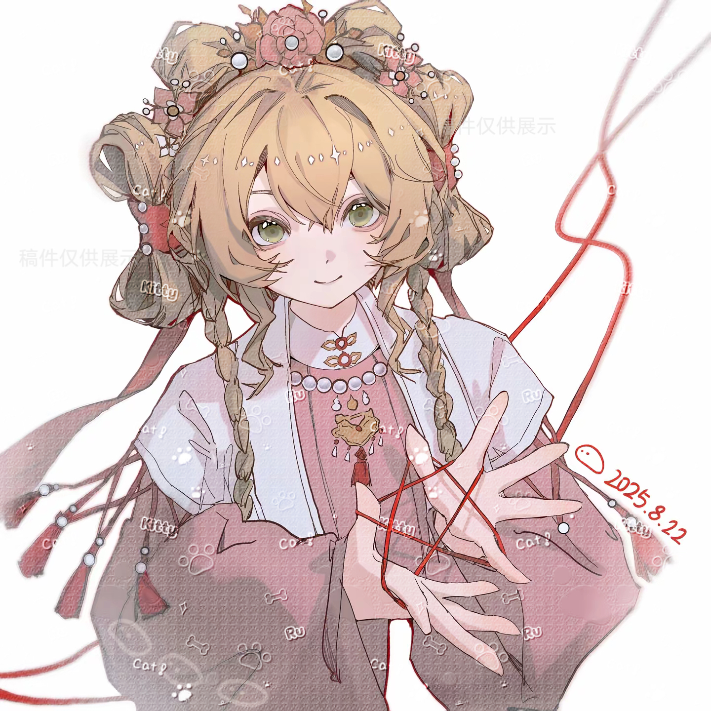 sotheby, sotheby (the red thread of fate), reverse:1999, commission, highres, 1girl, blonde hair, bow-shaped hair, braid, cat's cradle, chinese clothes, closed mouth, cropped torso, dated, flower, green eyes, hair flower, hair ornament, hands up, hanfu, holding, holding string, jewelry, long hair, long sleeves, looking at viewer, low twin braids, necklace, official alternate costume, pearl necklace, pink flower, pink hanfu, puffy long sleeves, puffy sleeves, shuangyaji, smile, solo, string, twin braids, upper body, watermark, yiyi jiang si le