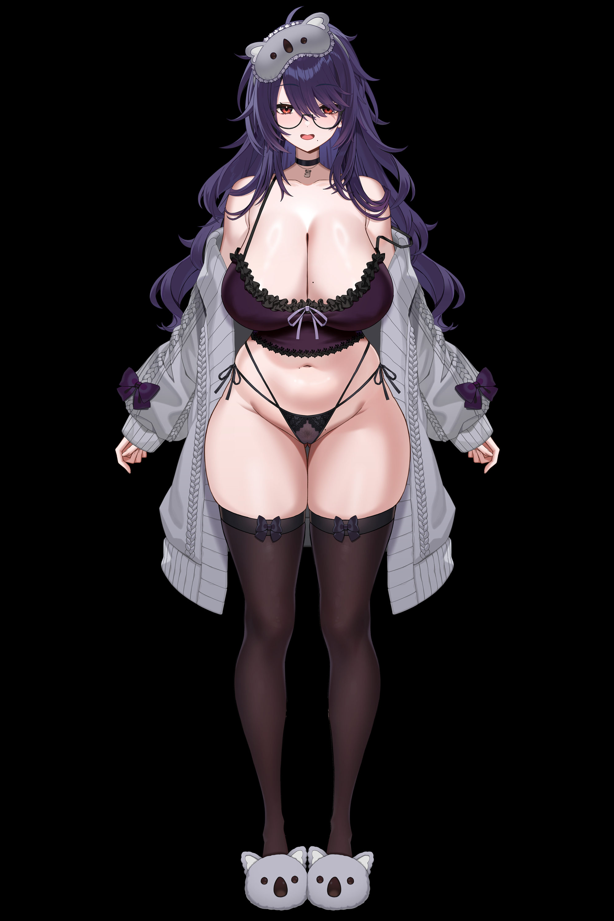 yan.c, indie virtual youtuber, absurdres, commentary request, highres, 1girl, animal slippers, armpit crease, arms at sides, bare shoulders, black panties, bow, breasts, brown thighhighs, cameltoe, camisole, cardigan, choker, curvy, eyes visible through hair, female pubic hair, full body, glasses, gluteal fold, grey cardigan, groin, hair over one eye, highleg, highleg panties, huge breasts, koala slippers, komoriya sanaka, legs, long bangs, long hair, long sleeves, looking at viewer, mask, mask on head, messy hair, midriff, mole, mole on breast, mole on crotch, mole on stomach, mole under eye, multi-strapped panties, navel, off shoulder, open mouth, panties, pubic hair, purple bow, purple camisole, purple hair, red eyes, see-through clothes, see-through panties, semi-rimless eyewear, shiny skin, side-tie panties, skindentation, sleep mask, slippers, standing, swept bangs, tachi-e, thighhighs, thighs, under-rim eyewear, underwear, virtual youtuber