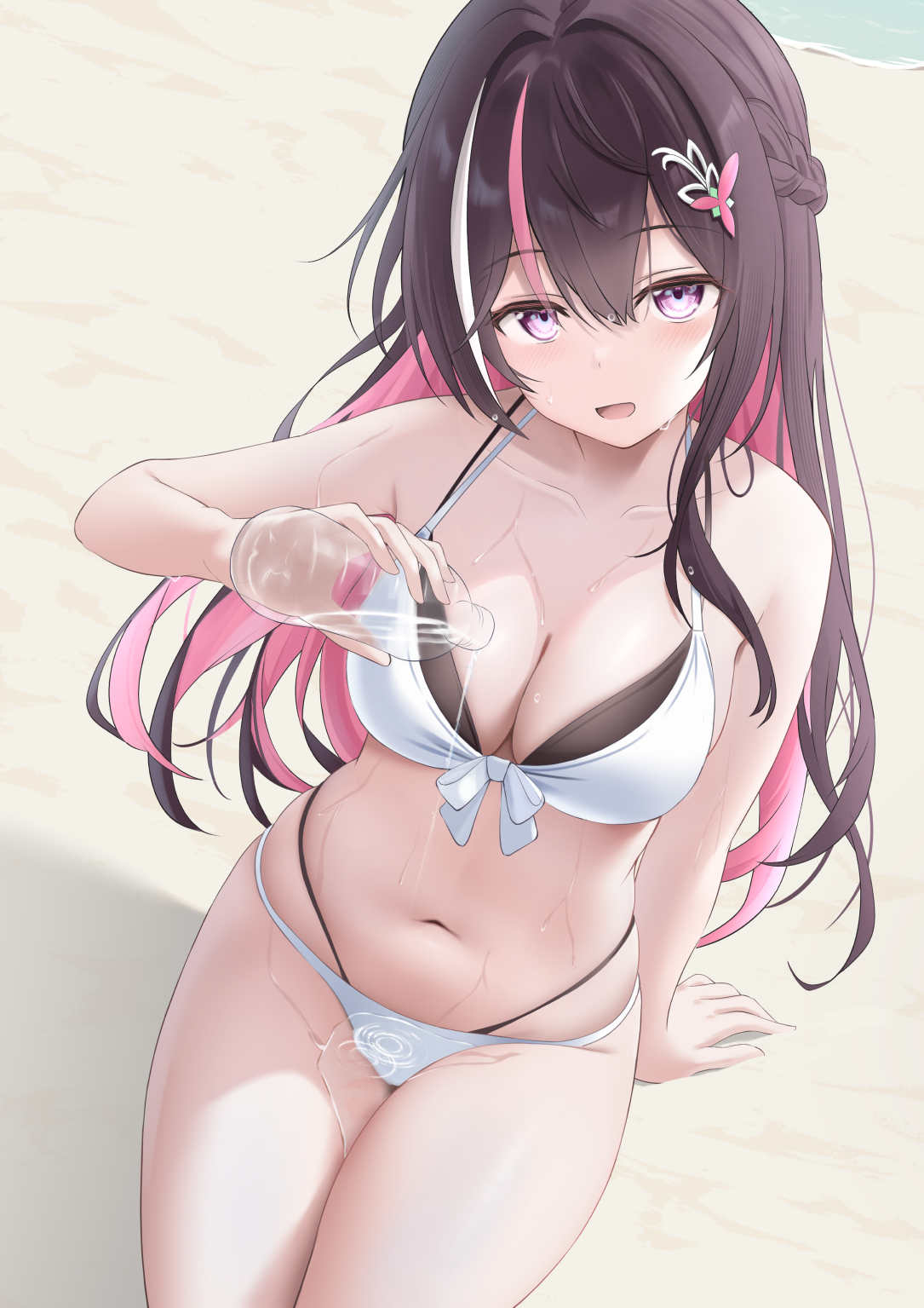 seriponpoyon, azki (hololive), hololive, commentary request, highres, 1girl, arm support, bare shoulders, beach, bikini, blush, bottle, braid, breasts, brown hair, cleavage, collarbone, colored inner hair, day, dutch angle, from above, front-tie bikini top, front-tie top, hair between eyes, hair intakes, hair ornament, hand up, holding, holding bottle, large breasts, layered bikini, long hair, multi-strapped bikini bottom, multi-strapped bikini top, multicolored hair, navel, ocean, on ground, open mouth, outdoors, pink eyes, pink streaks, plastic bottle, pouring, pouring onto self, sidelocks, stomach, streaked hair, sunlight, swimsuit, thighs, very long hair, virtual youtuber, water bottle, wet, white bikini
