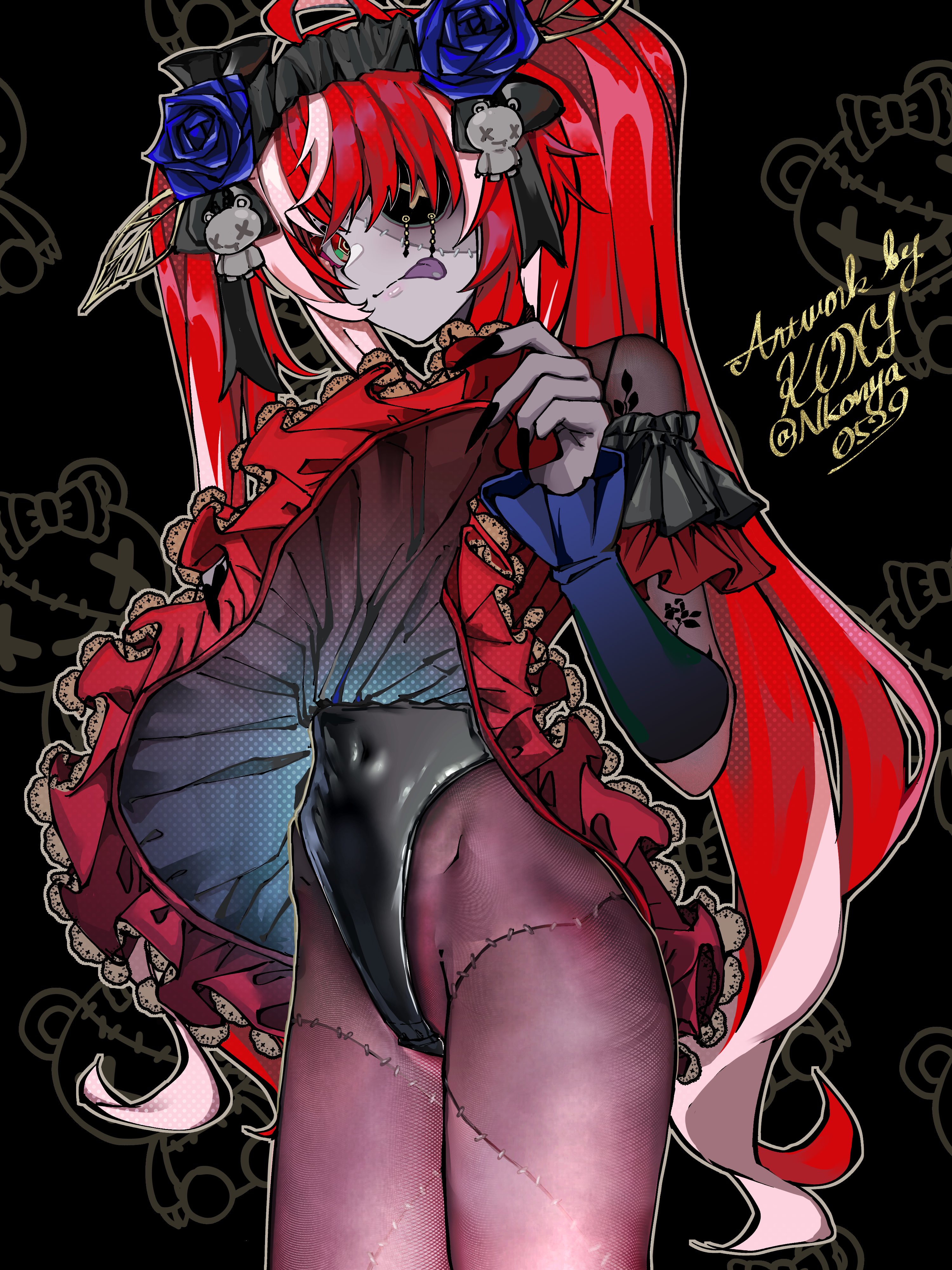 nkonya, kureiji ollie, kureiji ollie (scarlet moonlight embrace), udin (kureiji ollie), hololive, hololive indonesia, absurdres, highres, 1girl, black background, black leotard, clothes lift, colored skin, covered navel, dress, frilled dress, frills, grey skin, leotard, lifting own clothes, long hair, looking at viewer, multicolored eyes, multicolored hair, multicolored skin, official alternate costume, official alternate hairstyle, patchwork skin, red hair, simple background, skirt, skirt lift, smile, solo, stitched face, stitches, tongue, tongue out, twintails, two-tone hair, virtual youtuber, x-shaped eyewear