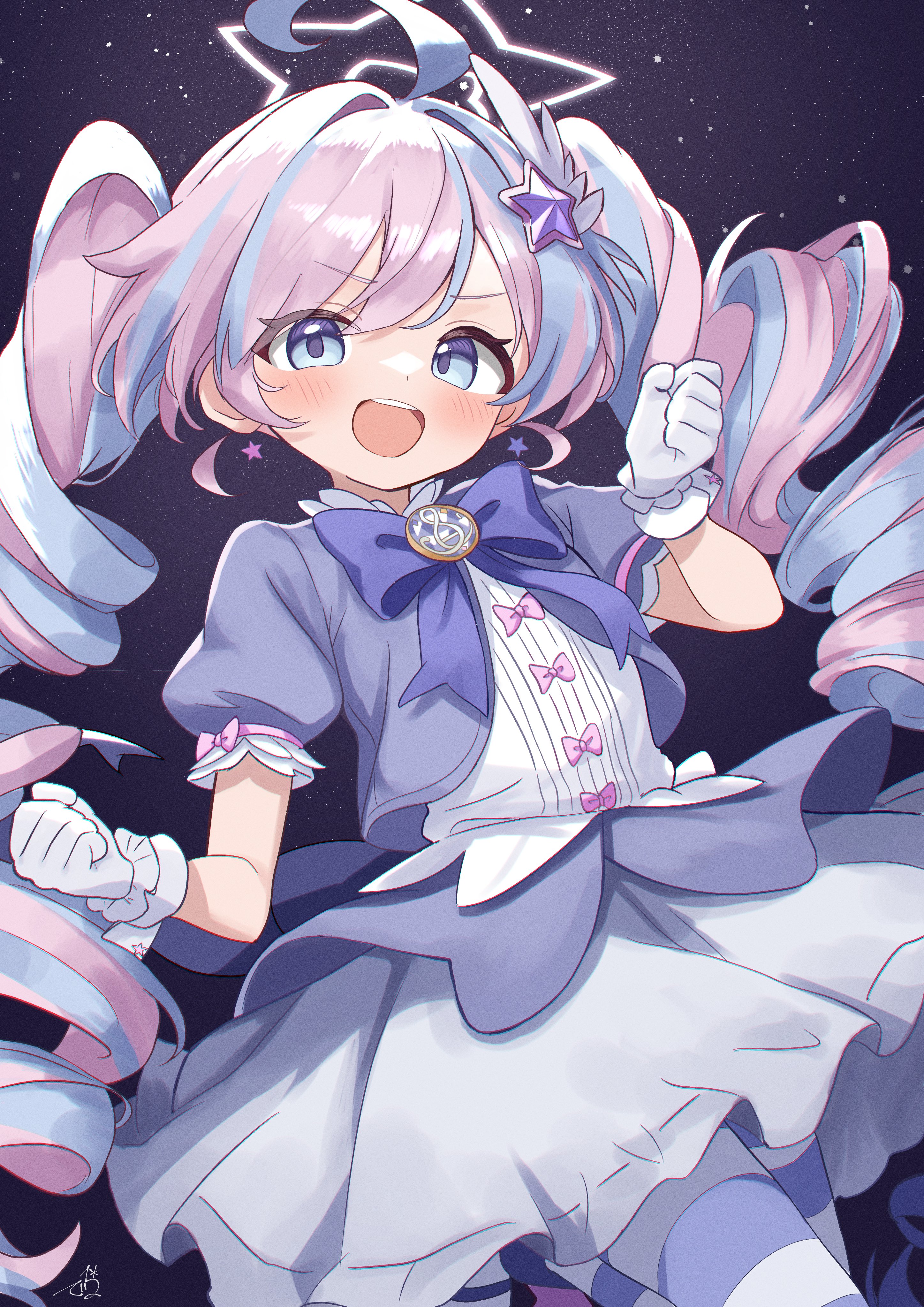 delfino, reisa (blue archive), reisa (magical) (blue archive), blue archive, absurdres, highres, 1girl, ahoge, gloves, hair ornament, halo, multicolored hair, pink hair, short sleeves, solo, star (symbol), star hair ornament, striped clothes, twintails, white gloves