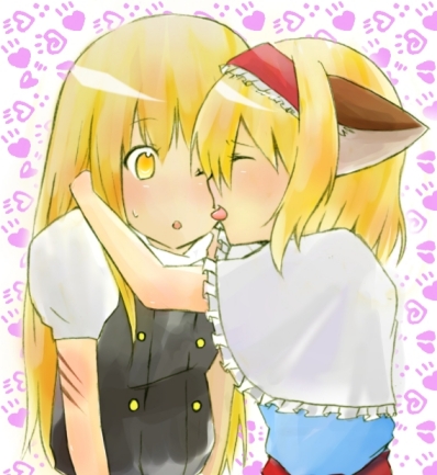 nemiminimimizu, alice margatroid, kirisame marisa, touhou, lowres, 2girls, animal ears, blonde hair, blush, closed eyes, female focus, injury, licking, long hair, multiple girls, yellow eyes, yuri