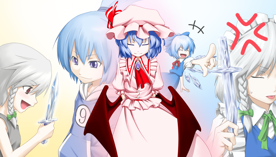 kentairui, cirno, cirno-nee, izayoi sakuya, remilia scarlet, touhou, silver hair, >:d, +++, 3girls, :d, :p, ^ ^, age progression, age regression, aged down, aged up, anger vein, bat wings, blue eyes, blue hair, braid, circled 9, closed eyes, female focus, flashback, hat, knife, light smile, multiple girls, open mouth, red eyes, ribbon, short hair, smile, throwing knife, tongue, tongue out, v-shaped eyebrows, weapon, wings