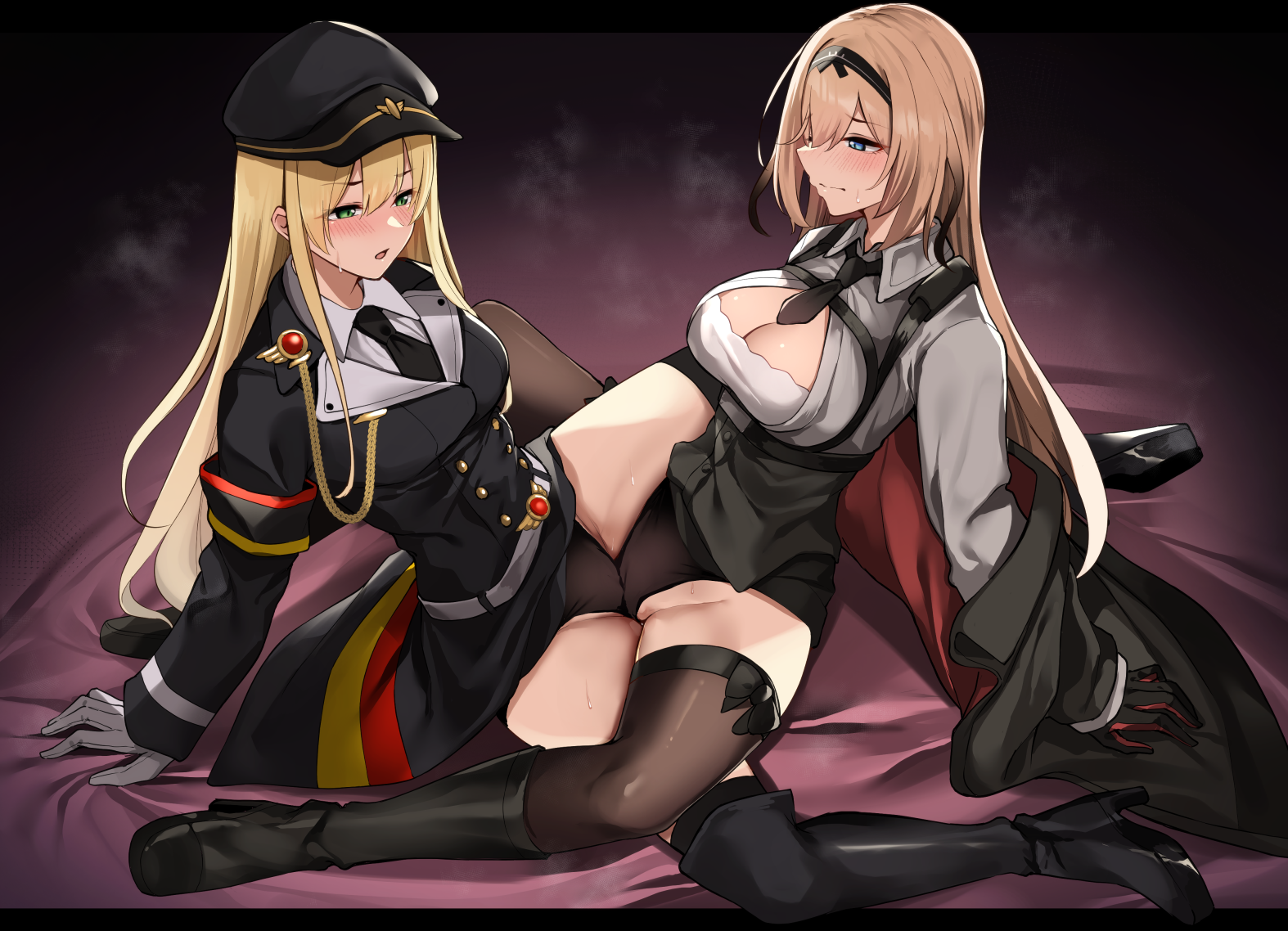 fluegel (gumi710), stg-940 (girls' frontline), stg44 (girls' frontline), girls' frontline, commentary request, commission, skeb commission, 2girls, belt, black boots, black hairband, black hat, black thighhighs, blonde hair, blue eyes, boots, breasts, cleavage, collared shirt, gloves, green eyes, hairband, hat, jacket, knee boots, large breasts, long hair, looking at another, looking at viewer, military hat, military uniform, multiple girls, necktie, peaked cap, shirt, sitting, thigh boots, thighhighs, tribadism, tribadism through clothes, white belt, white gloves, white shirt, yuri