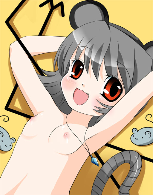 takamoto akisa, nazrin, touhou, 1girl, :3, animal ears, fang, female focus, flat chest, grey hair, jewelry, loli, mouse (animal), mouse ears, mouse tail, necklace, nipples, nude, pendant, red eyes, solo, tail