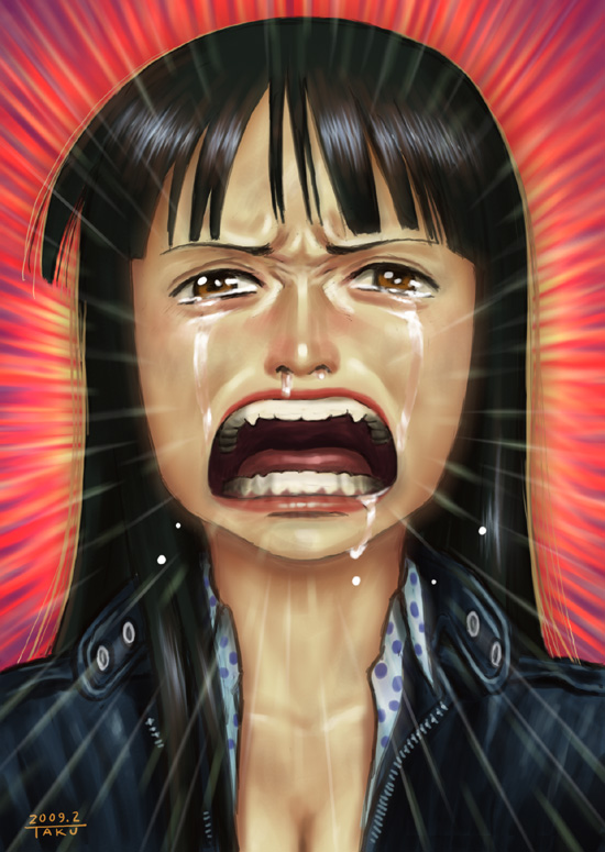 matataku, nico robin, nico robin (water 7), one piece, 1girl, black hair, brown eyes, enies lobby, fangs, female focus, open mouth, realistic, solo, tears