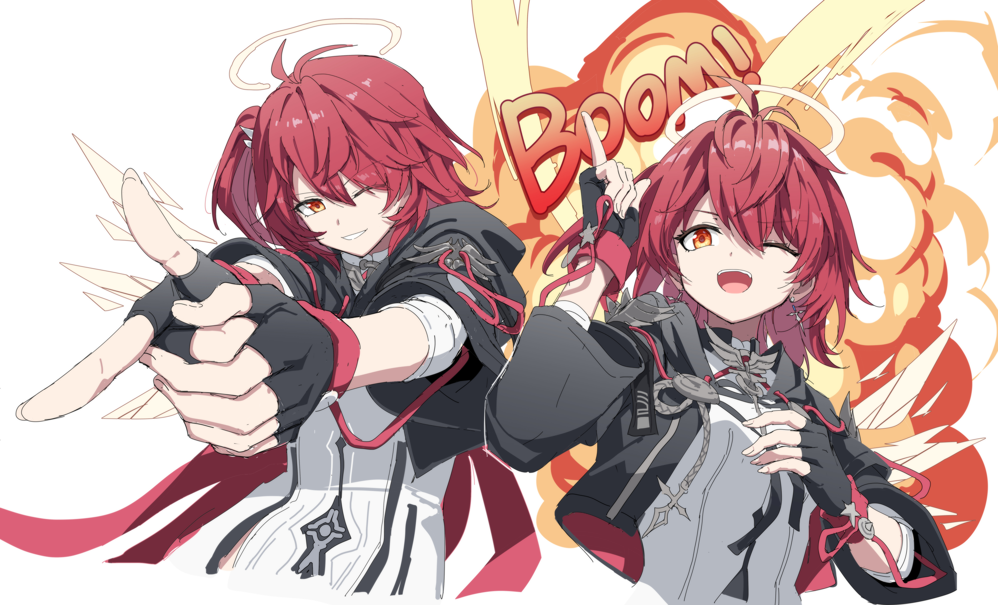 kataokasan, exusiai (arknights), arknights, absurdres, highres, 1girl, black gloves, breasts, cloak, explosion, fingerless gloves, gloves, halo, long hair, looking at viewer, looking to the side, multiple views, one eye closed, red hair, shirt, side ponytail, small breasts, solo, standing, white shirt