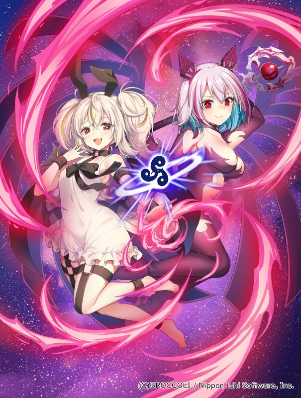 takase kou, z/x, official art, 2girls, animal ears, aura, barefoot, black bow, blonde hair, blue hair, bow, breasts, closed mouth, colored inner hair, copyright notice, dress, fake animal ears, grey hair, hastur (z/x), holding, holding weapon, large breasts, leotard, looking at viewer, magic, medium hair, multicolored hair, multiple girls, open mouth, pink hair, purple leotard, purple thighhighs, red eyes, revealing clothes, thighhighs, weapon, white dress, wings, yato urara