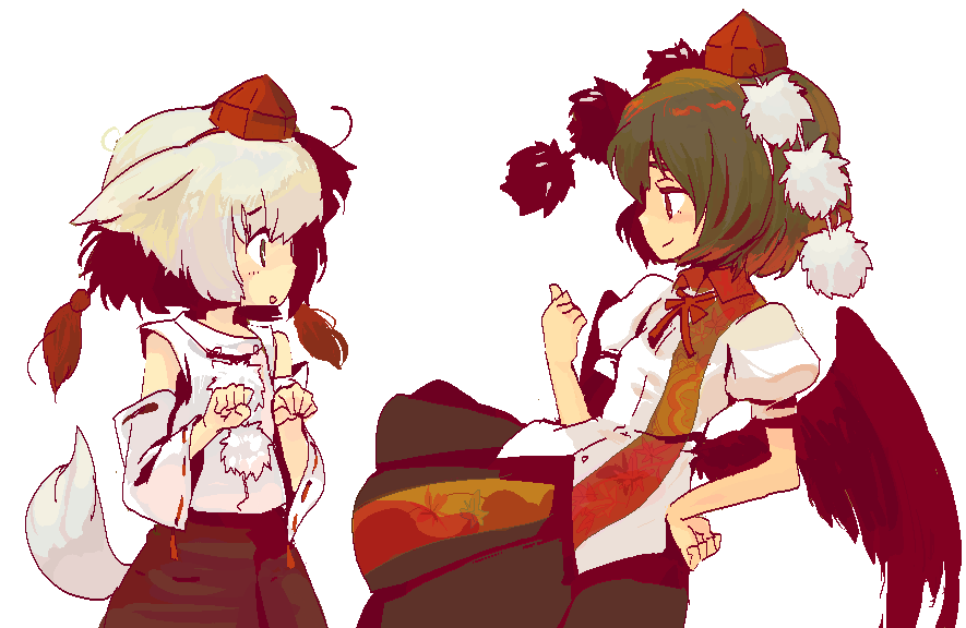 tcmk, inubashiri momiji, shameimaru aya, touhou, silver hair, 2girls, animal ears, black hair, black wings, detached sleeves, female focus, hat, multiple girls, oekaki, red eyes, short hair, simple background, smirk, standing, tail, tokin hat, white background, wings, wolf ears, wolf tail