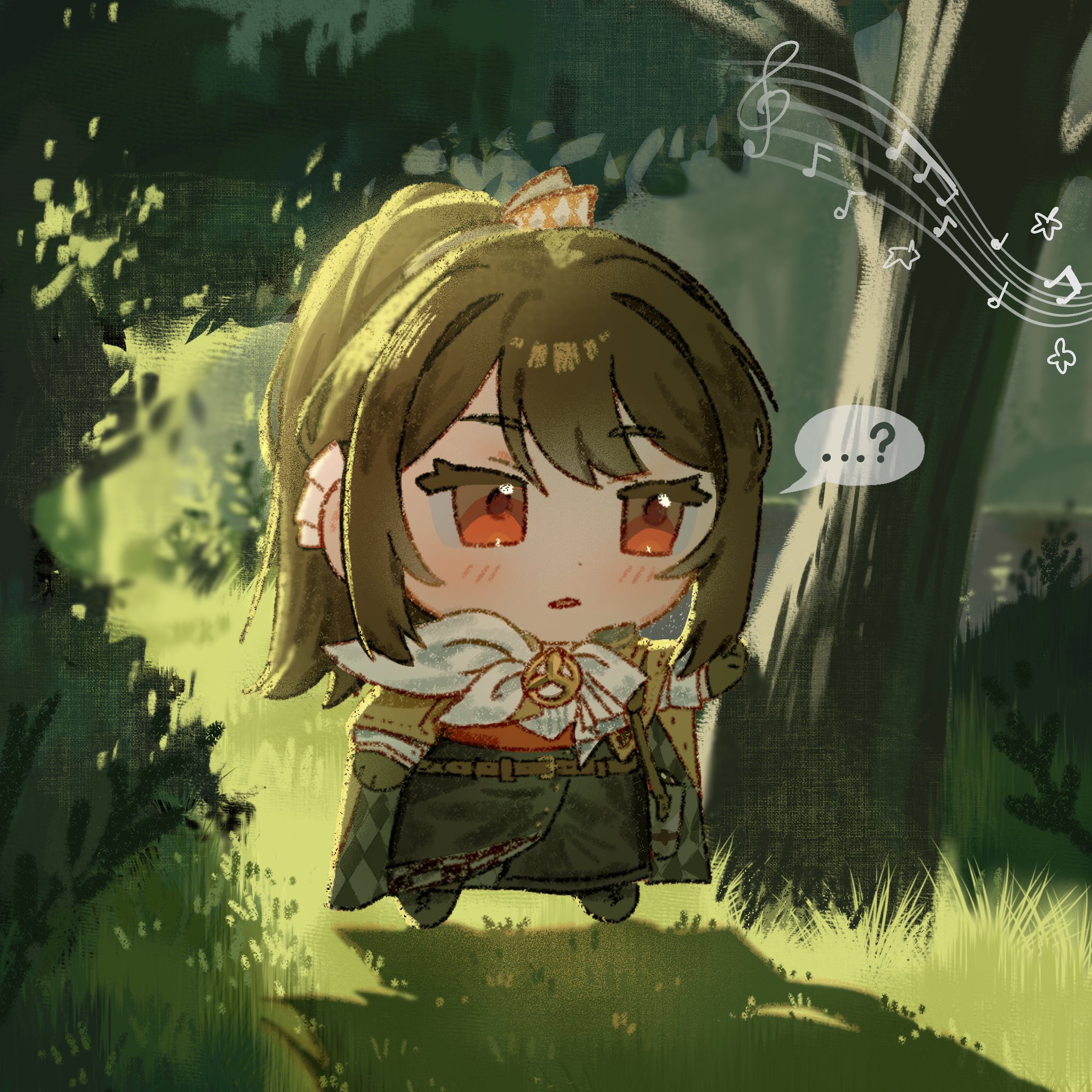 kero017, semmelweis (reverse:1999), reverse:1999, highres, …, …?, 1girl, ?, backlighting, beamed eighth notes, black boots, black gloves, black skirt, boots, brown cape, brown hair, cape, chibi, forest, full body, gloves, grass, half note, hand up, legs apart, long skirt, musical note, musical staff, nature, neckerchief, parted lips, ponytail, quarter note, red eyes, shirt, sixteenth note, skirt, solo, speech bubble, spoken ellipsis, spoken question mark, standing, treble clef, tree, white neckerchief, white shirt