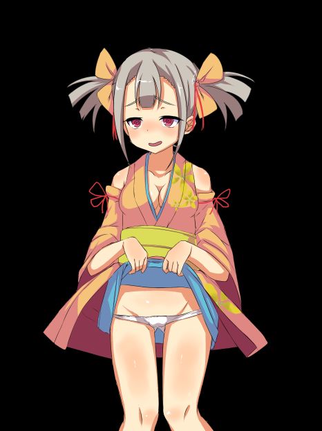 game cg, large variant set, variant set, 1girl, anime coloring, black background, blue skirt, blush, bow, breasts, cleavage, clothes lift, collarbone, come hither, cowboy shot, detached sleeves, grey hair, hair between eyes, hair bow, japanese clothes, kimono, lifting own clothes, medium breasts, miniskirt, mizuha (toraware no kami-sama), no pants, obi, open mouth, panties, pencil skirt, pigeon-toed, raised inner eyebrows, red eyes, sash, seductive smile, short hair, short kimono, shoulder blush, simple background, skirt, skirt lift, sleeveless, sleeveless kimono, smile, solo, standing, tachi-e, tachinori buranko, thighs, toraware no kami-sama to tabi no shoujo, twintails, underwear, white panties, wide sleeves, yellow bow, yellow kimono, yellow sash