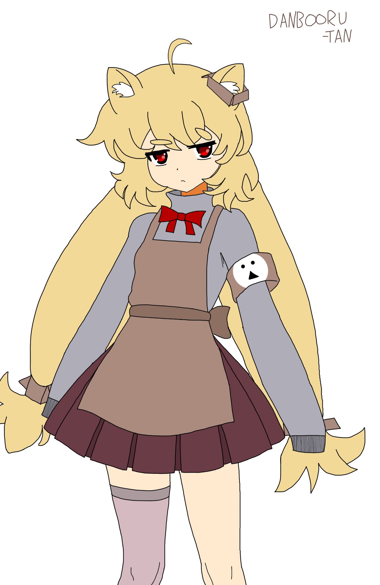 danbooru (site), commentary, highres, 1girl, ahoge, animal ear fluff, animal ears, apron, armband, arms at sides, back bow, belt, blonde hair, bow, box hair ornament, brown apron, brown armband, brown belt, brown skirt, character name, closed mouth, cowboy shot, danbooru-tan, double-parted bangs, ear ornament, expressionless, flat color, fox ears, fox girl, grey sweater, hiheyhellox3, jitome, long hair, looking at viewer, low-tied long hair, low twintails, miniskirt, neck ribbon, pleated skirt, raised eyebrows, red eyes, red ribbon, ribbon, romaji commentary, short eyebrows, simple background, single thighhigh, skirt, sleeves past fingers, sleeves past wrists, solo, standing, sweater, thick eyebrows, thighhighs, turtleneck, turtleneck sweater, twintails, unamused, white background