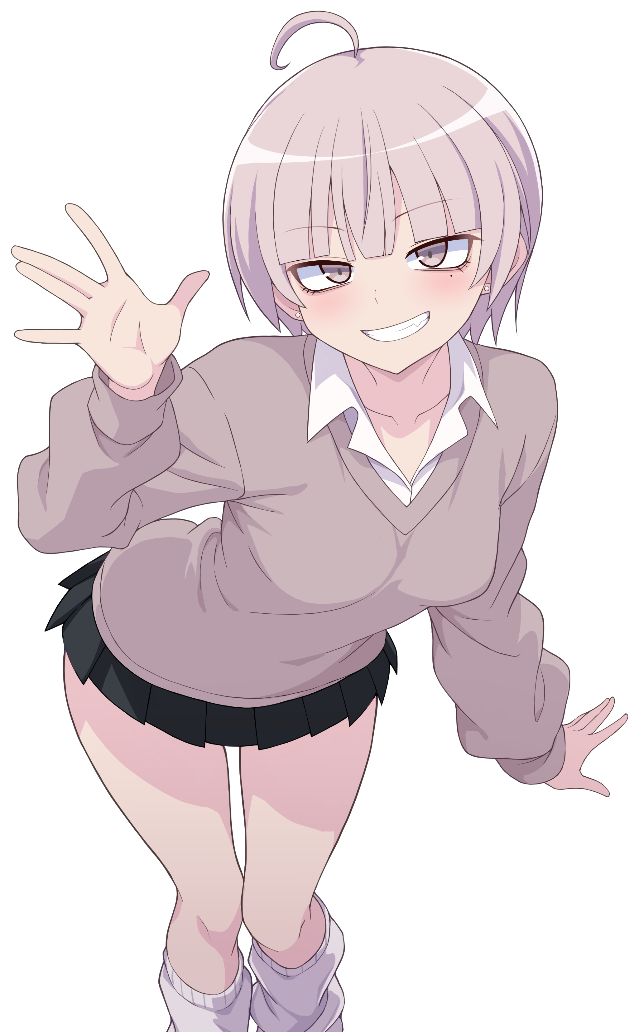 zack (haiuinndo), original, absurdres, commentary request, highres, 1girl, ahoge, black skirt, blunt bangs, blush, breasts, collarbone, collared shirt, earrings, fang, feet out of frame, grey eyes, grey hair, grey sweater, grin, hand up, jewelry, leaning forward, looking at viewer, loose socks, medium breasts, miniskirt, mole, mole under eye, open hand, parted lips, pleated skirt, school uniform, shirt, short hair, simple background, skirt, smile, socks, solo, standing, stud earrings, sweater, white background, white shirt, white socks