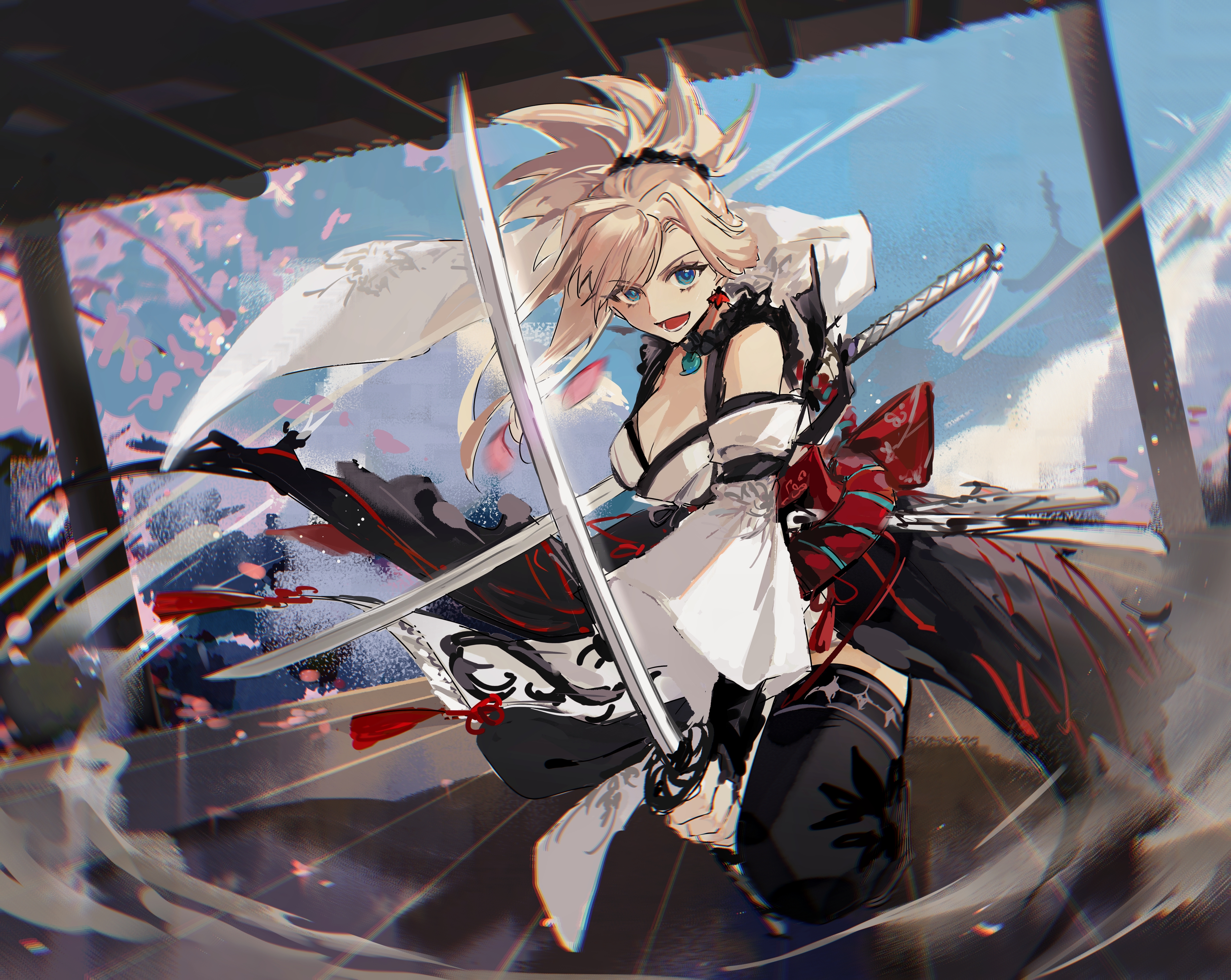 de678997, miyamoto musashi (fate), miyamoto musashi (woman of niten ichiryuu) (fate), fate/samurai remnant, fate (series), absurdres, highres, 1girl, black thighhighs, blonde hair, blue eyes, blue sky, breasts, cleavage, day, dual wielding, earrings, falling petals, fighting stance, holding, holding sword, holding weapon, japanese clothes, jewelry, katana, kimono, large breasts, long hair, looking at viewer, magatama, magatama necklace, necklace, on one knee, open mouth, petals, ponytail, sky, smile, solo, sword, thighhighs, tree, weapon, white kimono